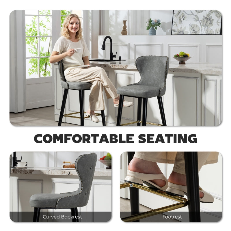 Bar Stools Set of 2 with Back, Footrest and Wood Legs for Kitchen Counter, PU Leather Grey