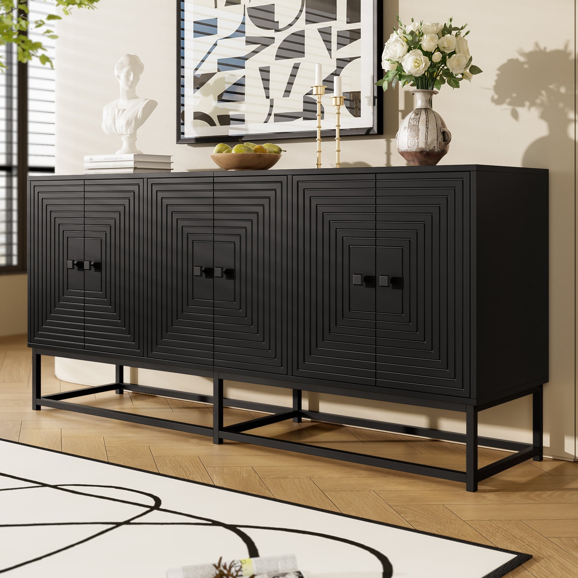Sideboard Cabinet 3 Double Doors Large Storage Matte Finish - Black