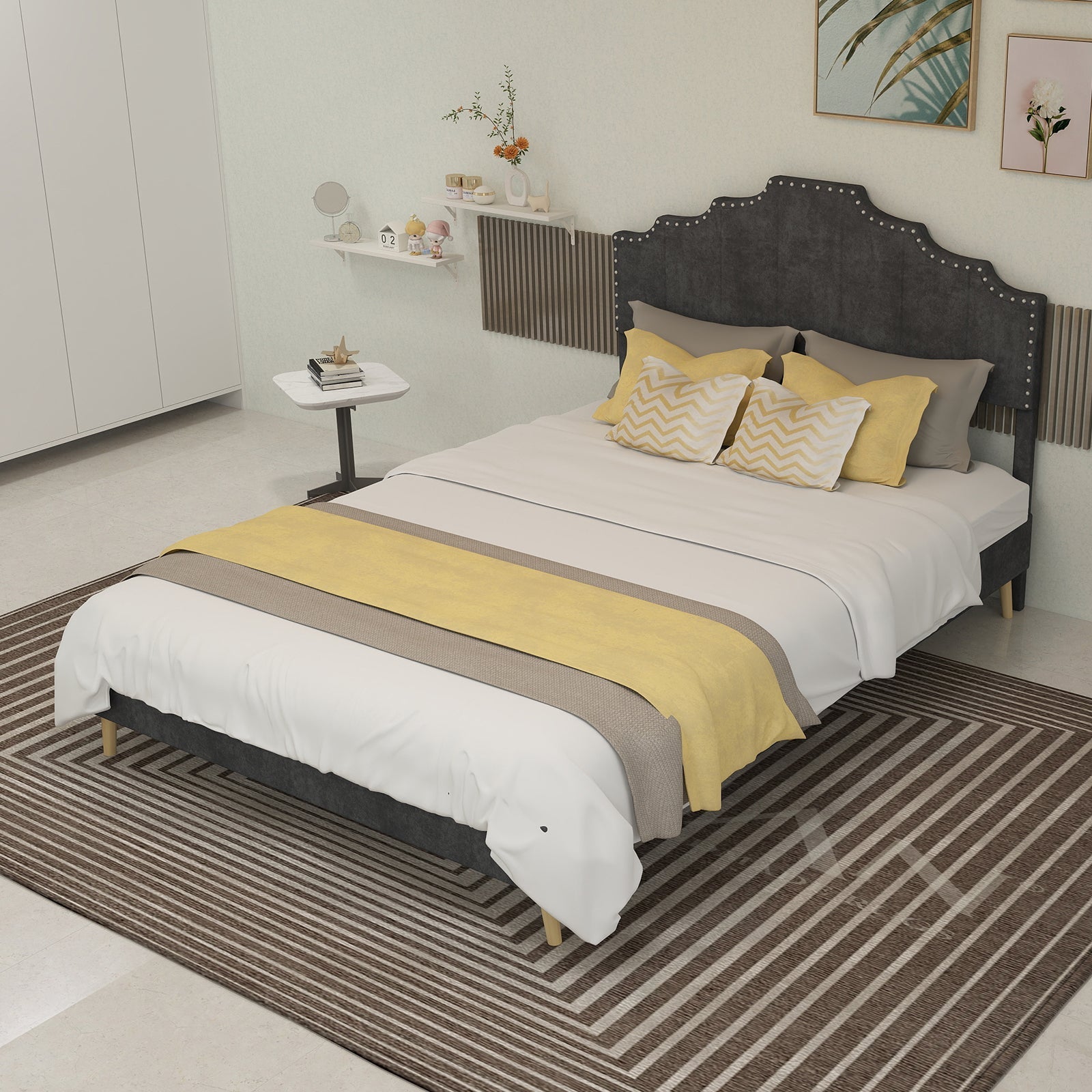 Soft Bed 140x200cm Modern Minimalist Comfortable Headboard Low Box Frame Gray