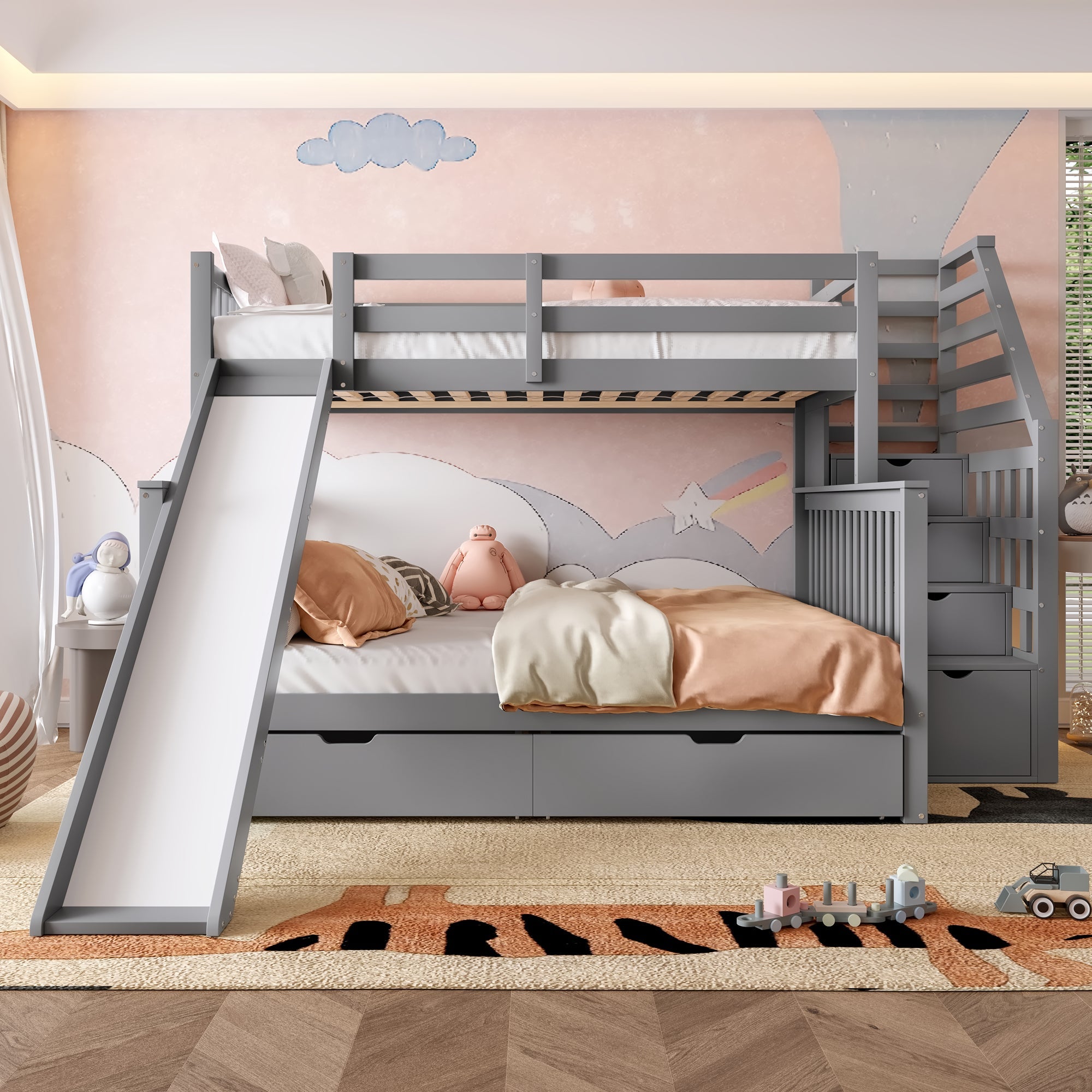 Bunk Bed 90x200 Over 140x200 With Storage Drawers & Slide Grey