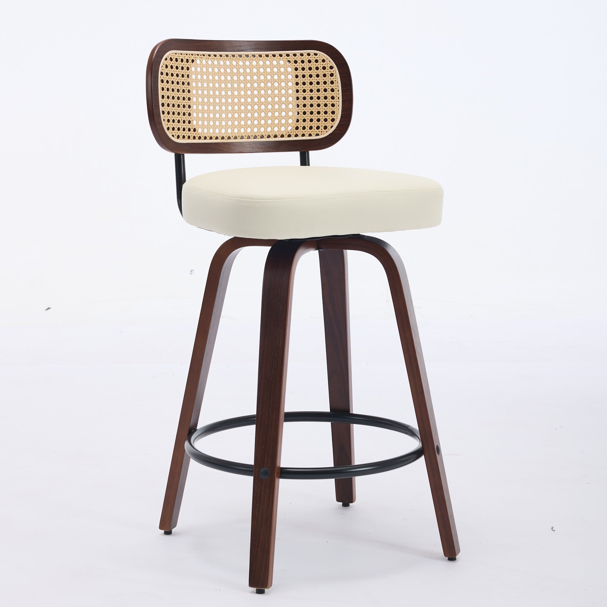 Set of 2 Counter Height Bar Stools, 26 Inch Swivel Rattan Cane Back with Upholstered Seat, Walnut and Beige