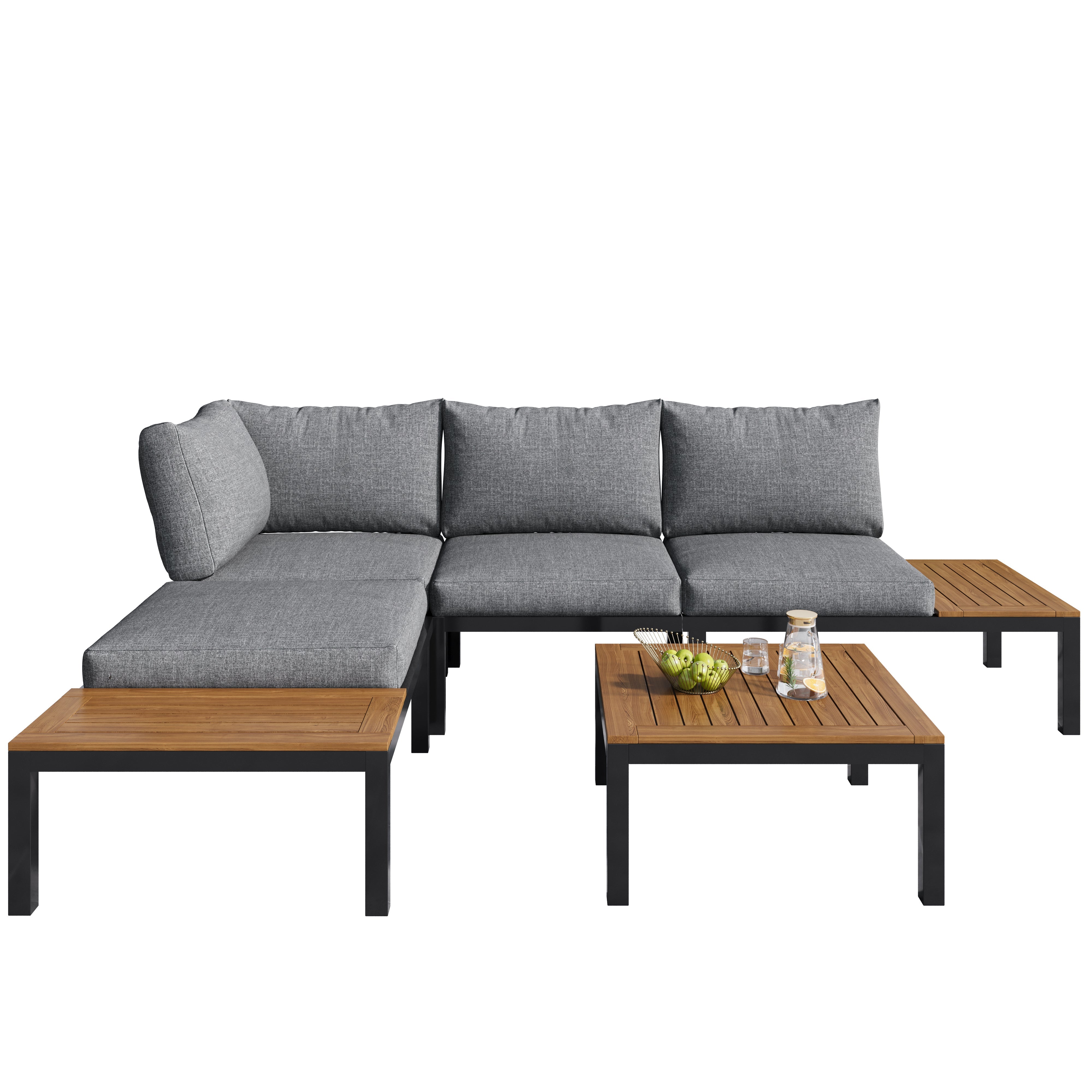 Garden Lounge Set 5-Piece Acacia Wood Table Fabric Backrest - Grey