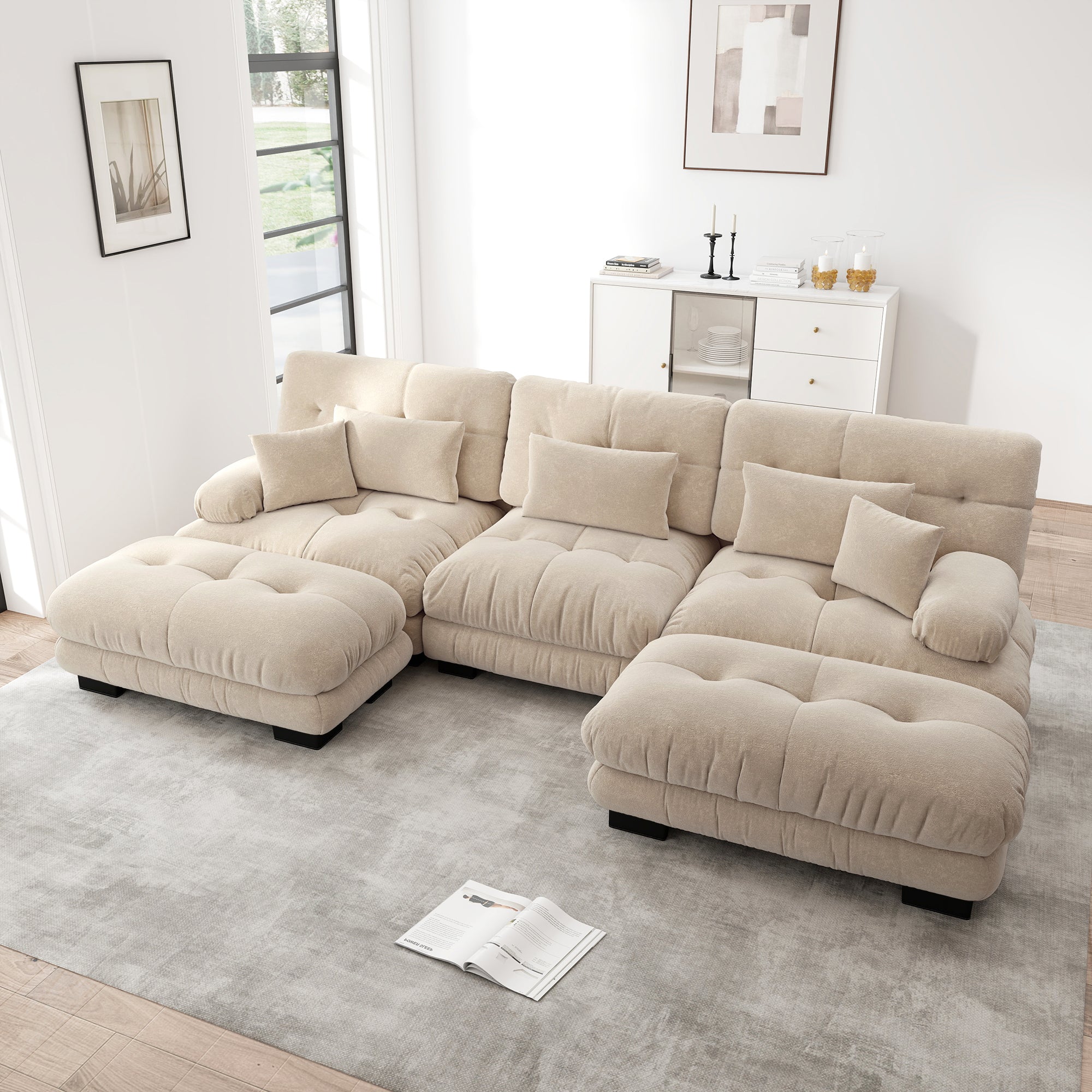 Modular Corner Sofa, Oversized U-Shaped Convertible Sleeper with Ottoman, Light Brown Chenille