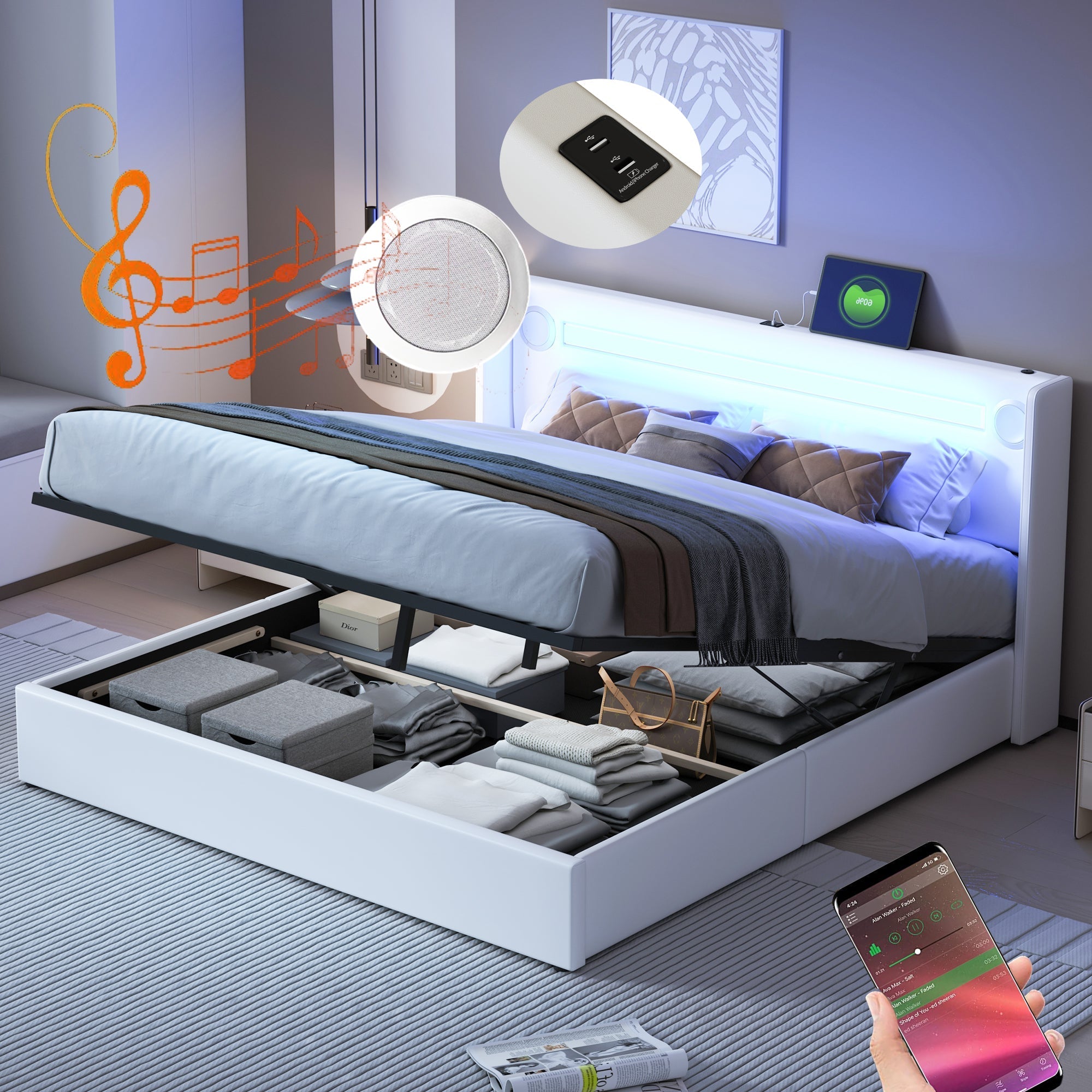 Multifunctional Upholstered Bed with LED Lighting, Bluetooth and USB Storage, White PU Leather