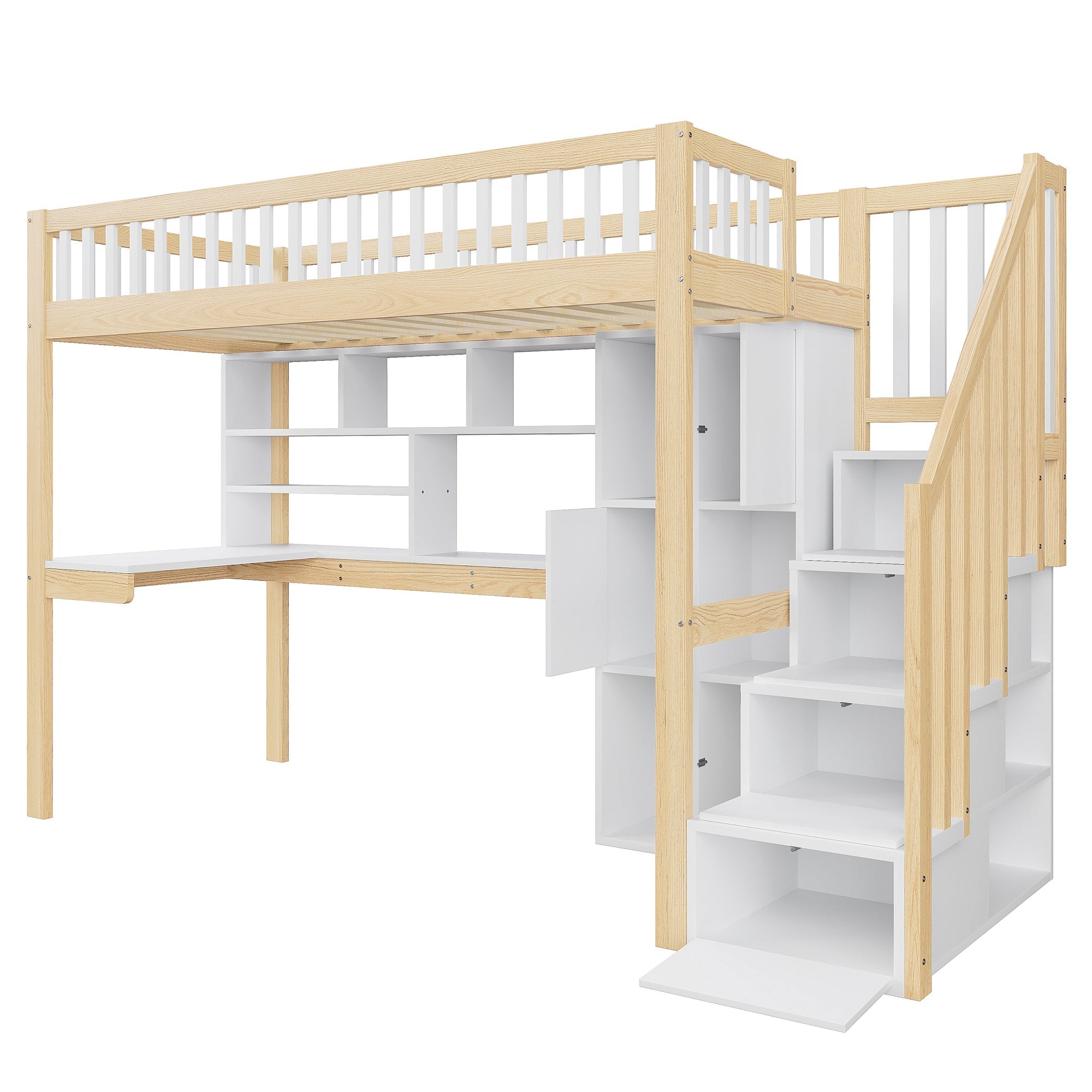 Loft Bed with LED Lights, Desk, Shelves and Storage Ladder, 90x200cm, White and Natural Wood