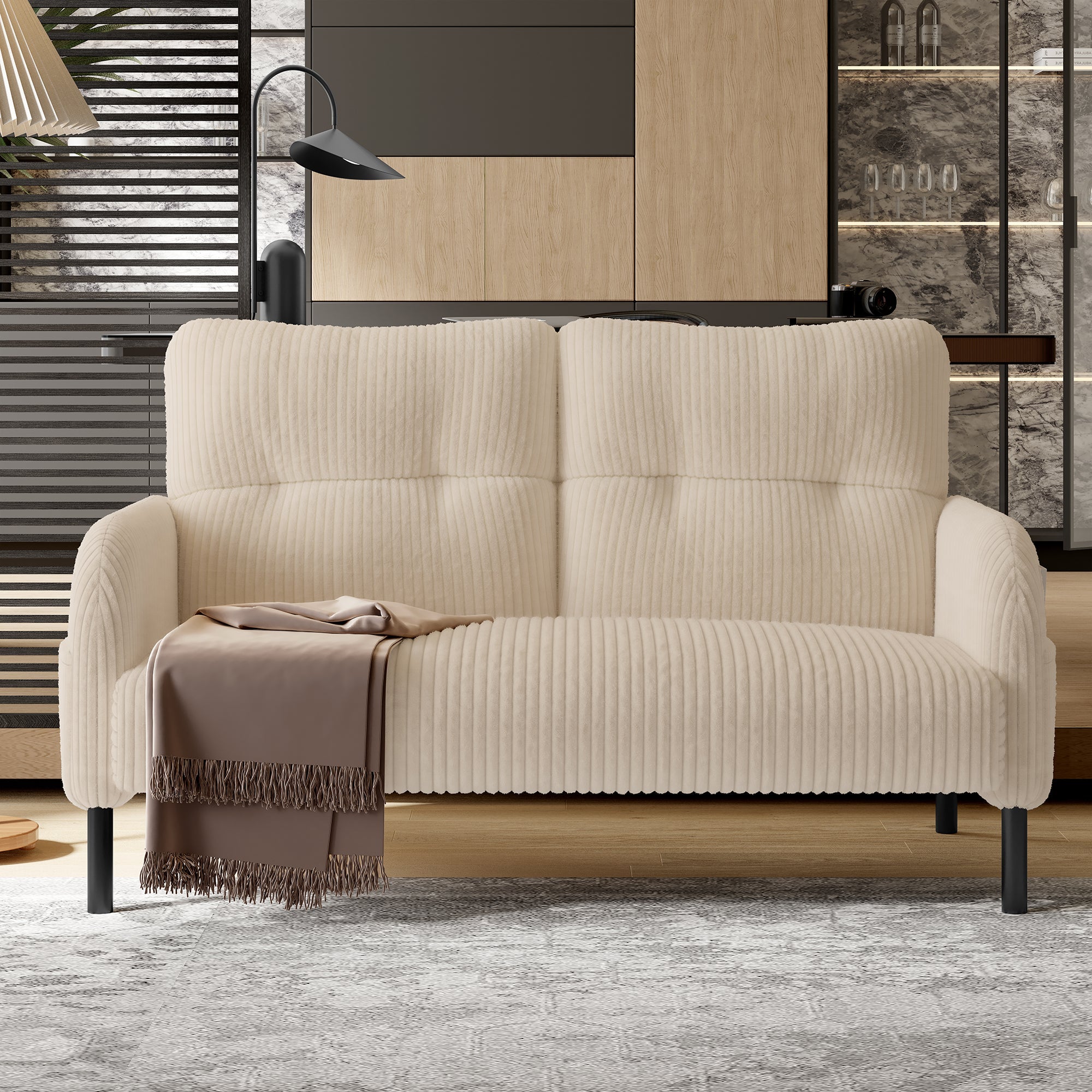 Corduroy Two-Seater Sofa, Comfort Padding High Back Side Pockets, Metal Feet