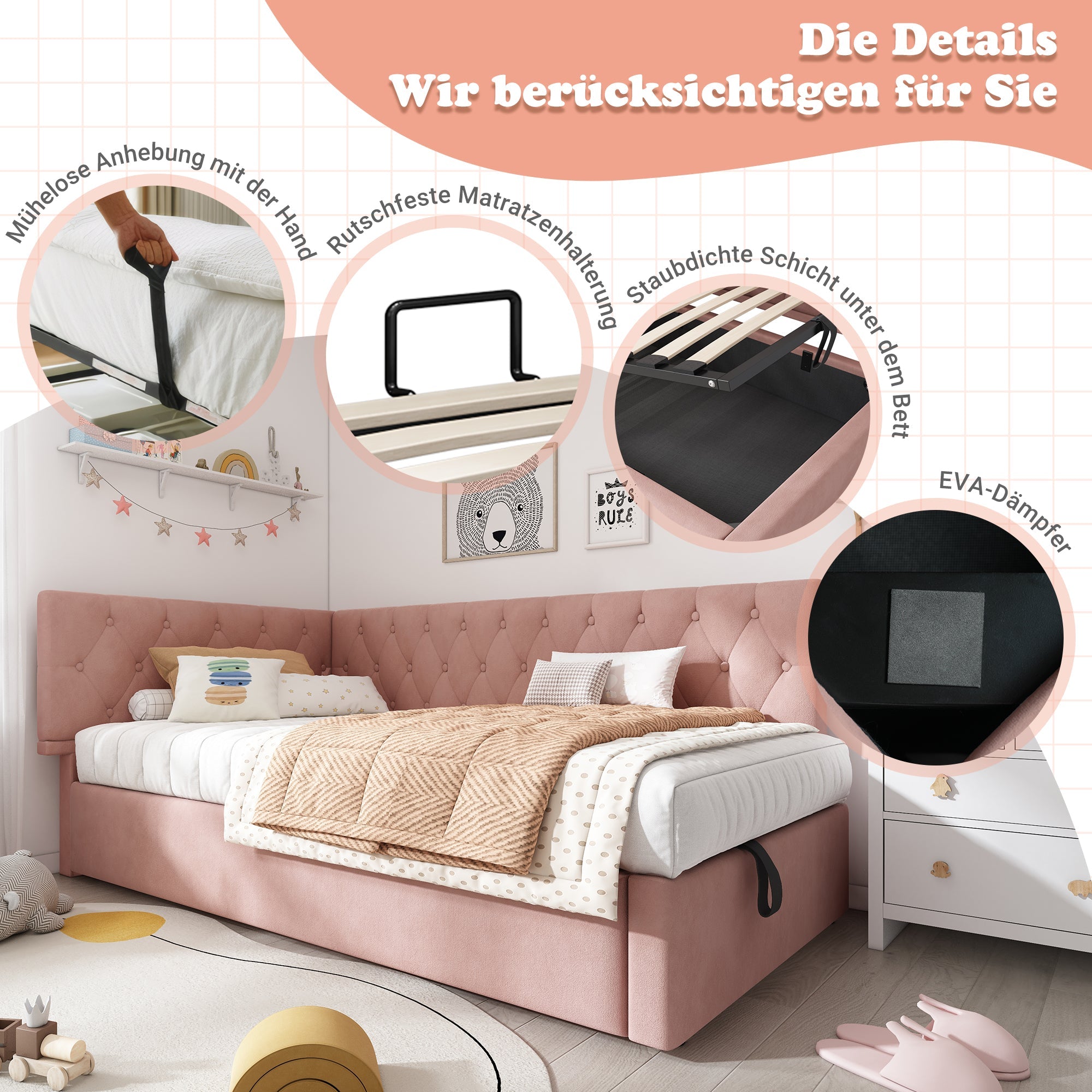 Upholstered Daybed, 90x190cm Sofa Bed with Hydraulic Storage, Velvet Pink