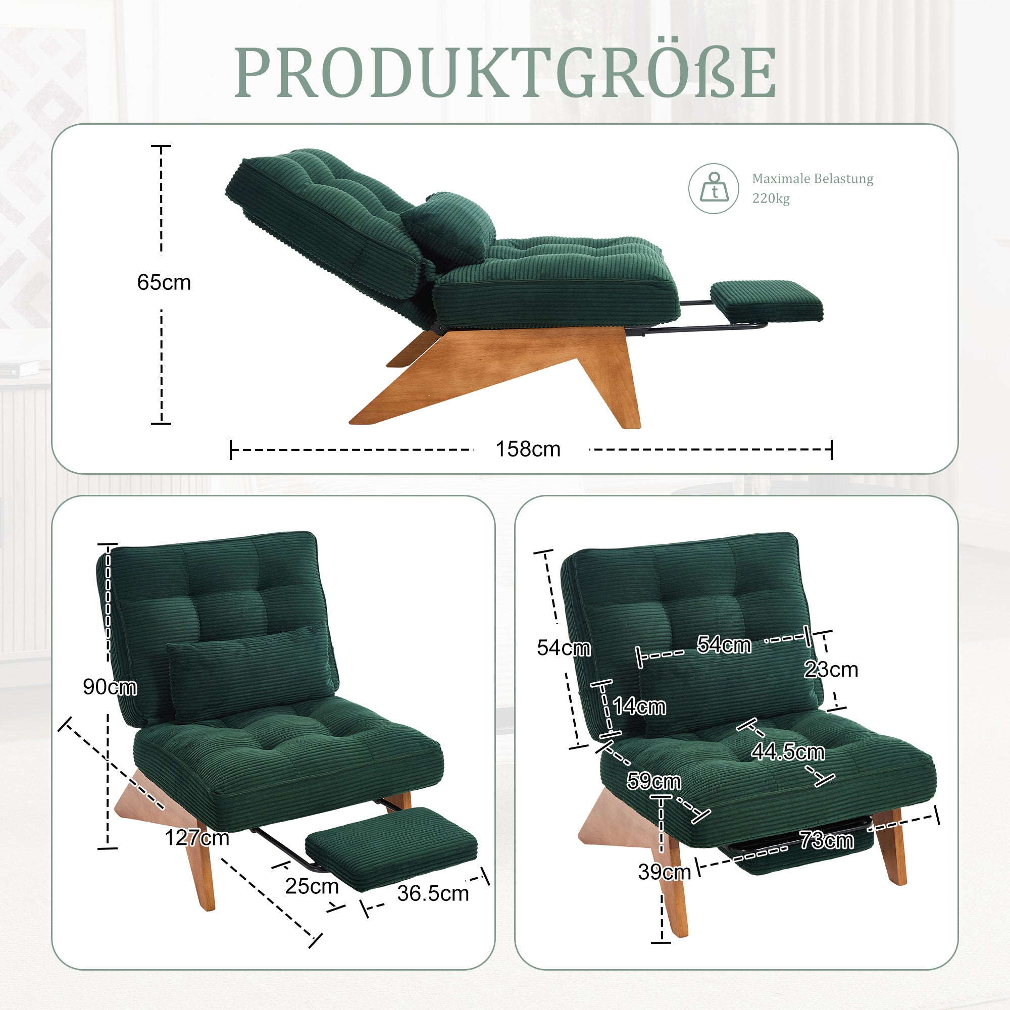 Lounge Chair Adjustable Backless Footrest Lumbar Cushion, Fabric Wooden Legs
