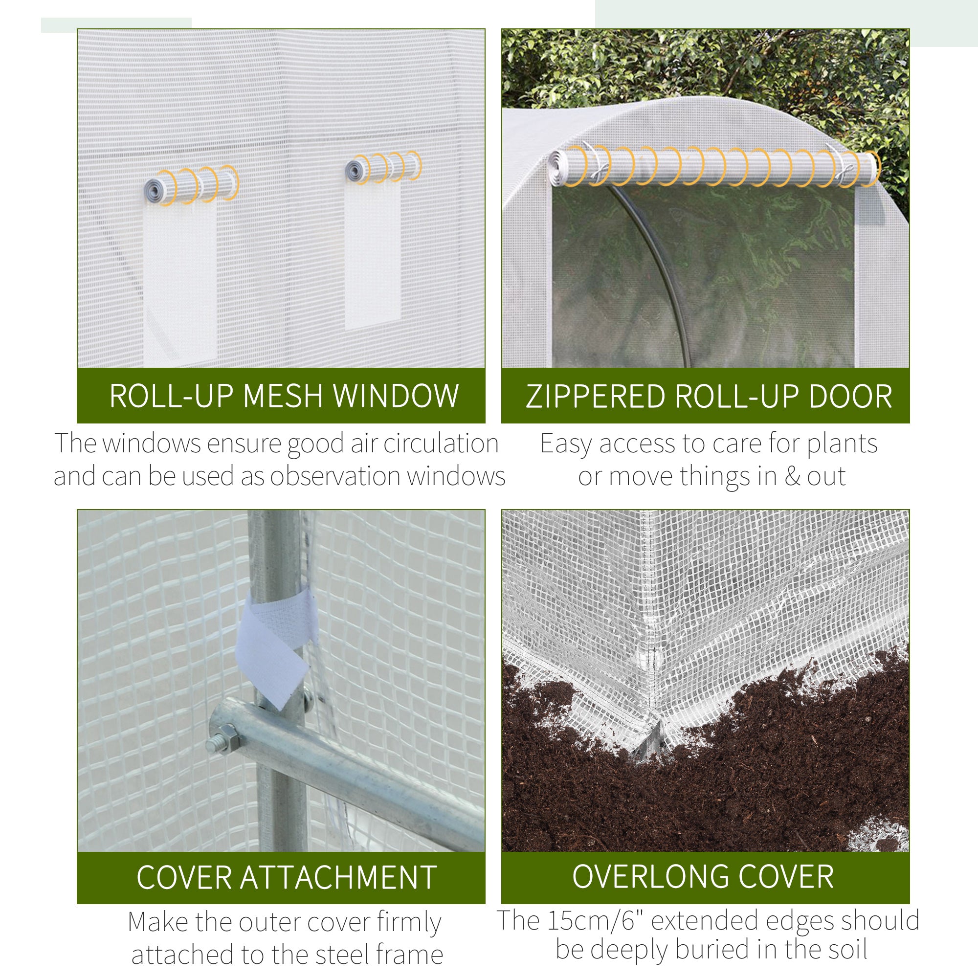 Polytunnel Greenhouse, 3.5 x 2 x 2 m Walk-in with Mesh Windows, Galvanised Steel, White