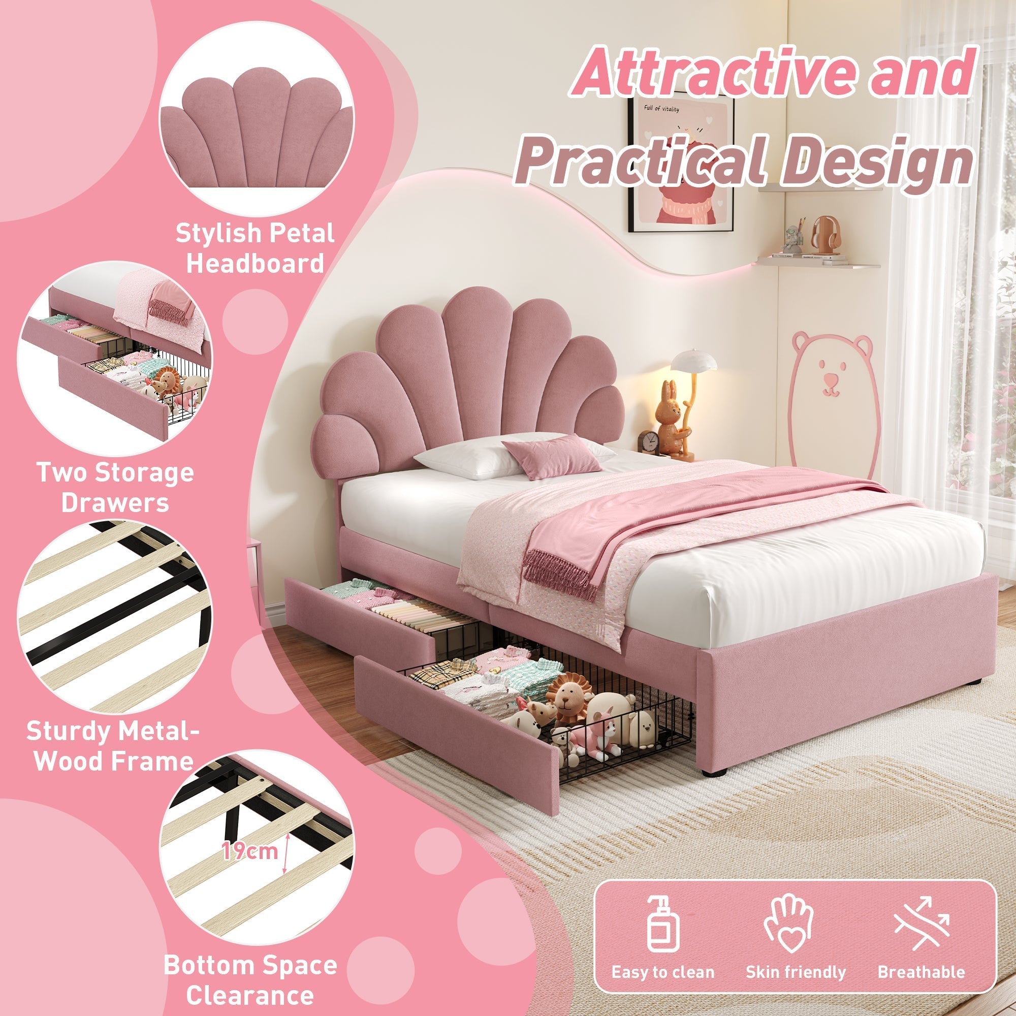 Adjustable Chic Petal Headboard 3ft Single Upholstered Bed with 2 Storage Drawers, Pink Velvet
