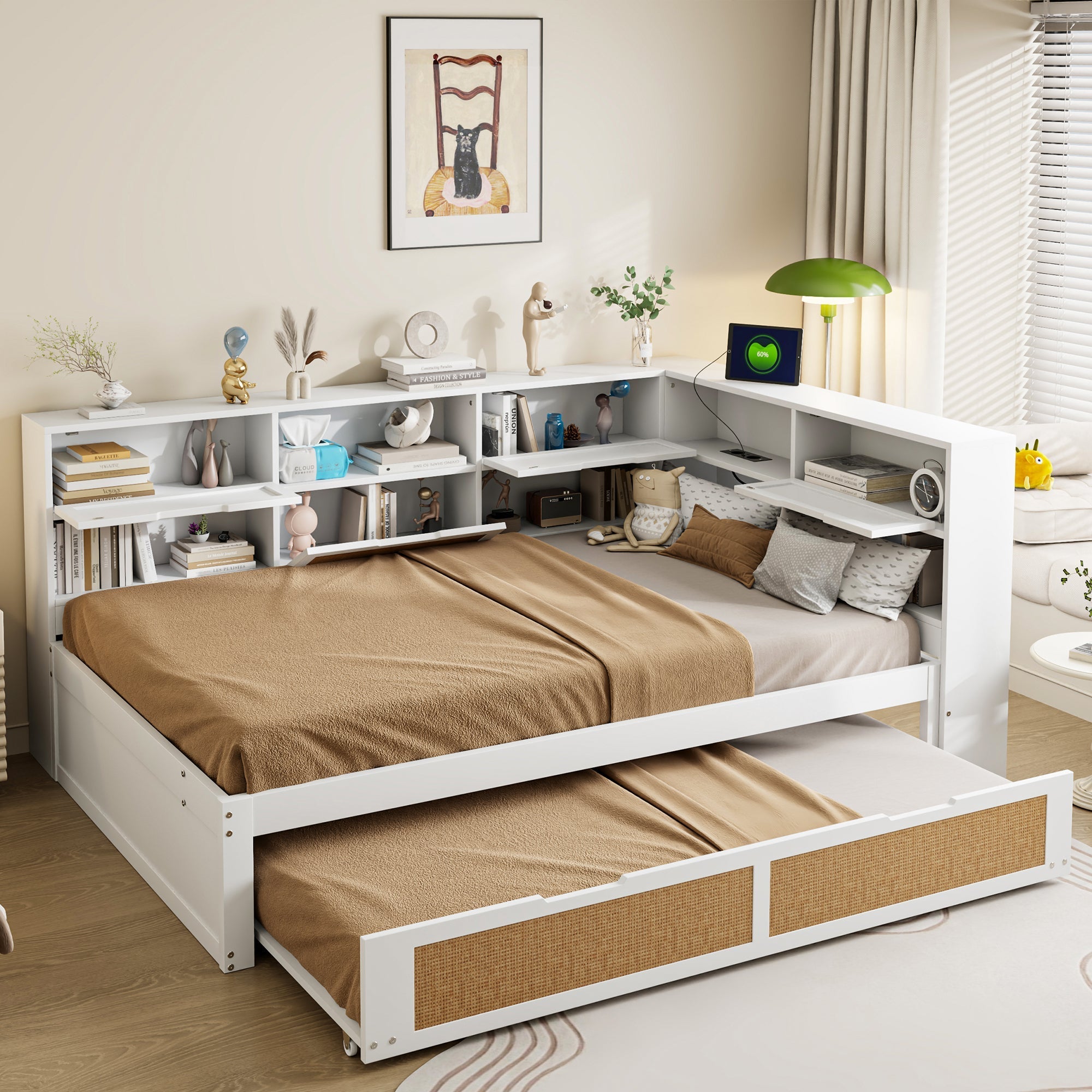 Sofa Bed, 140*200 Multifunctional with Pull-out & Storage, Wooden White