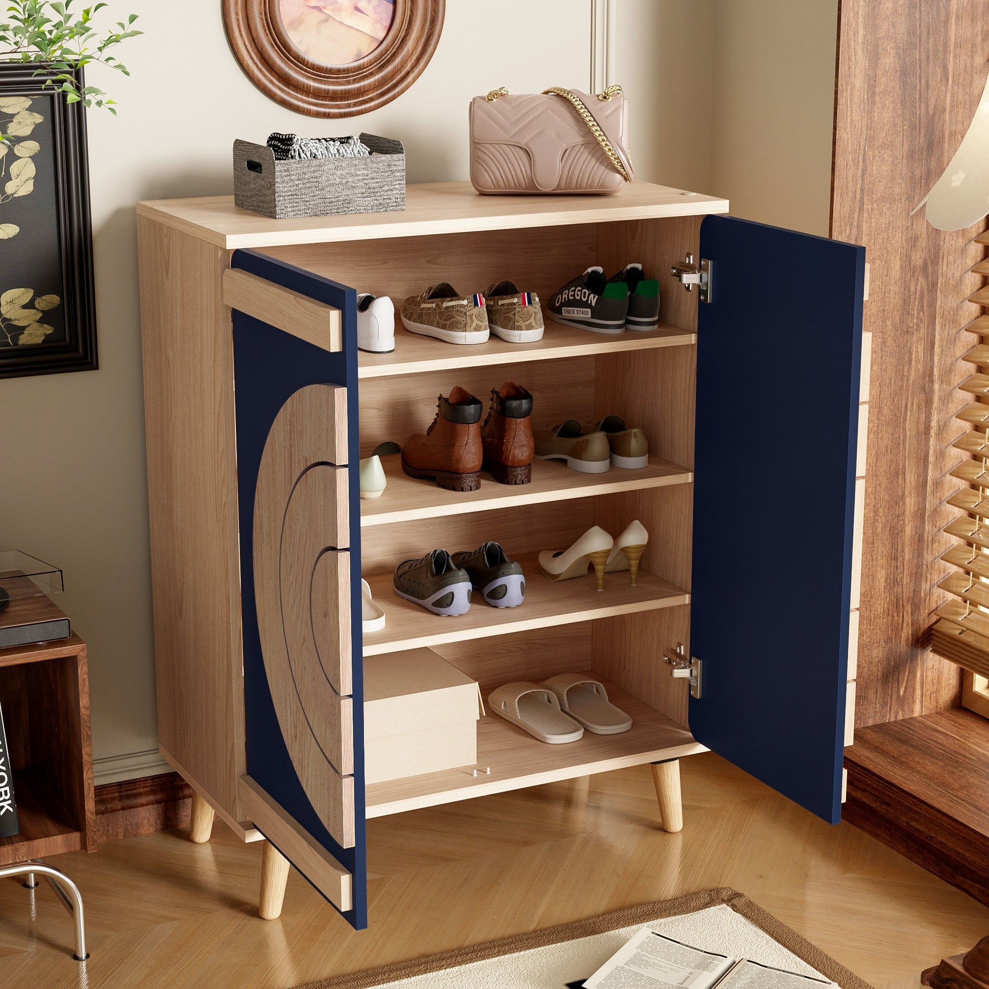 Modern Shoe Cabinet with Geometric Doors and Multi-Level Storage, Blue and Natural