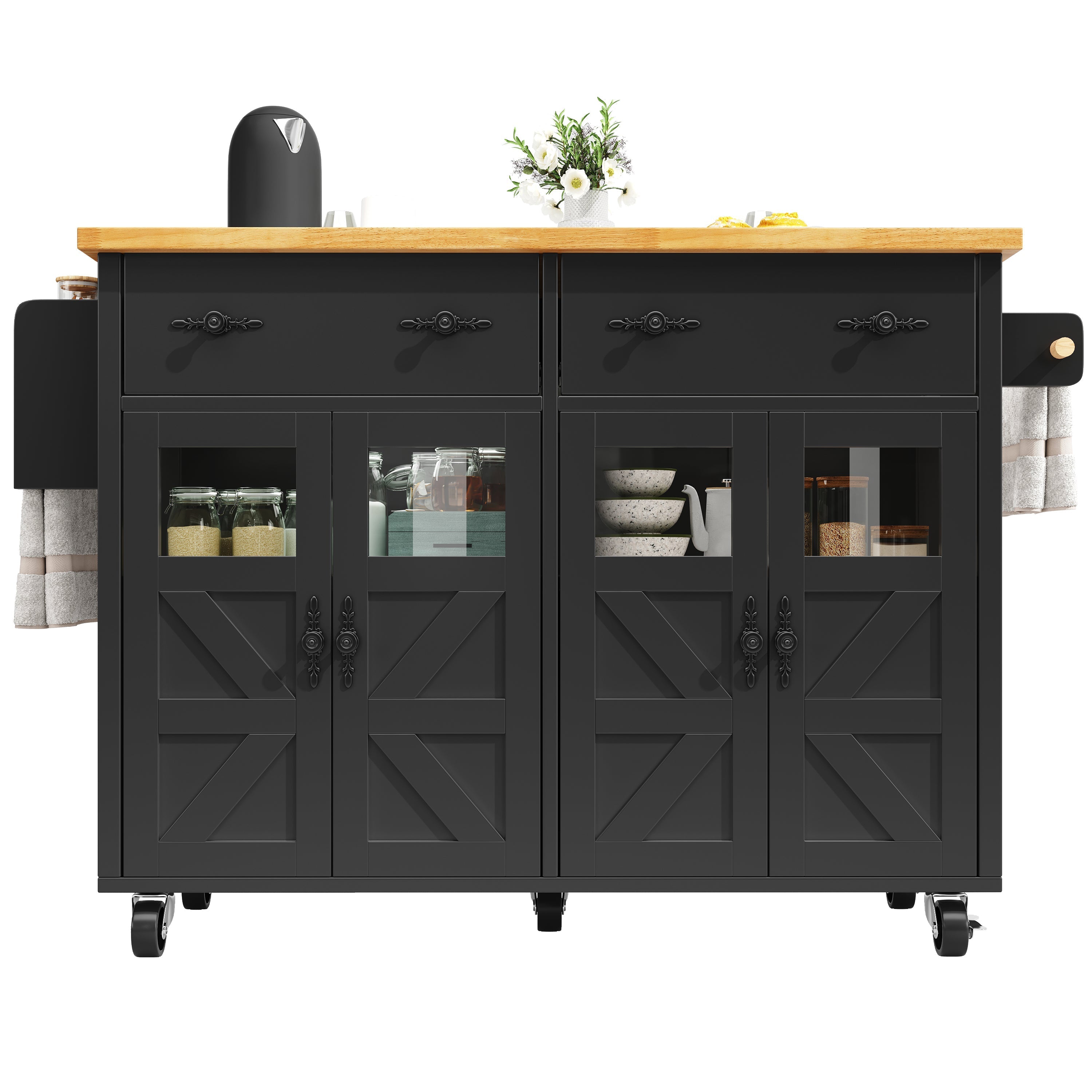 Kitchen Island Serving Trolley with Ample Storage and Adjustable Shelves, Black