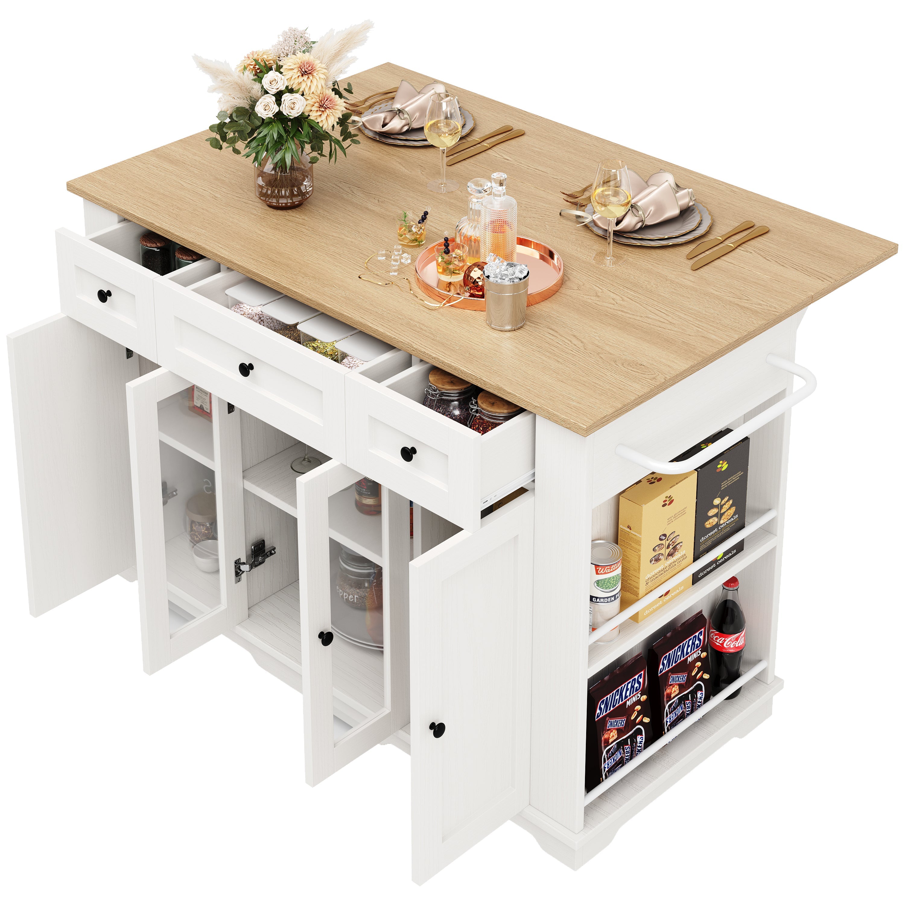 Kitchen Island, 151.5x60x91.7cm Removable Partitions Worktop Tempered Glass Cabinet, White/Black