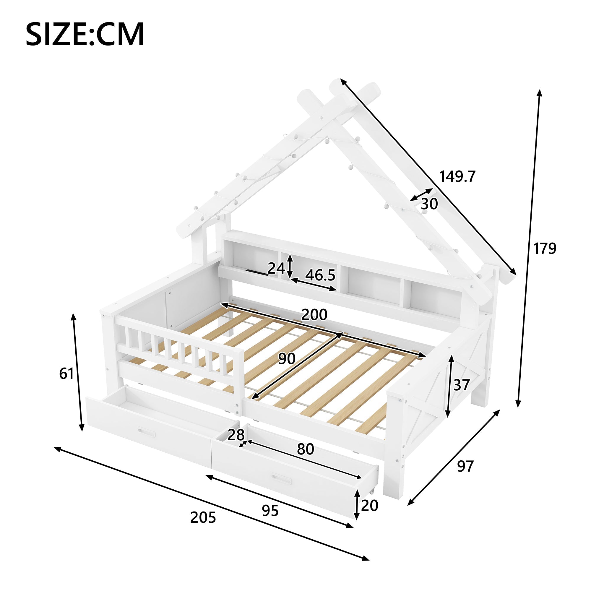 Wooden House Platform Bed with LED Lighting, Storage and Safety Rails, White