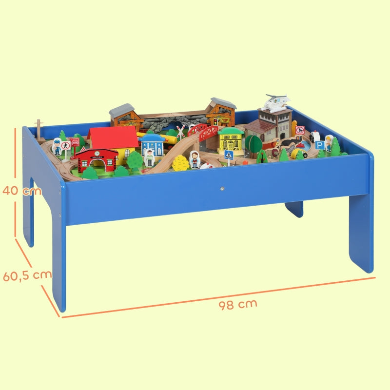 Play Table 108-Piece Wooden Train Set Removable Tabletop - Blue