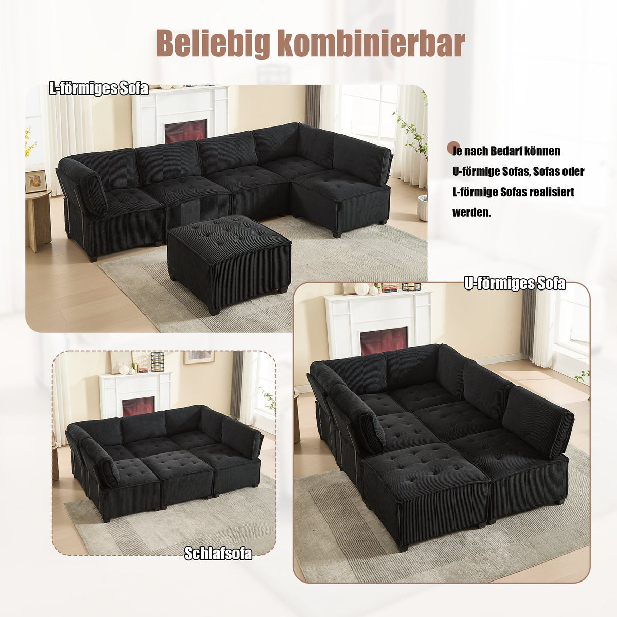 Modular Sofa 6-Seater 308cm, Ergonomic Storage Pockets, Corduroy Black