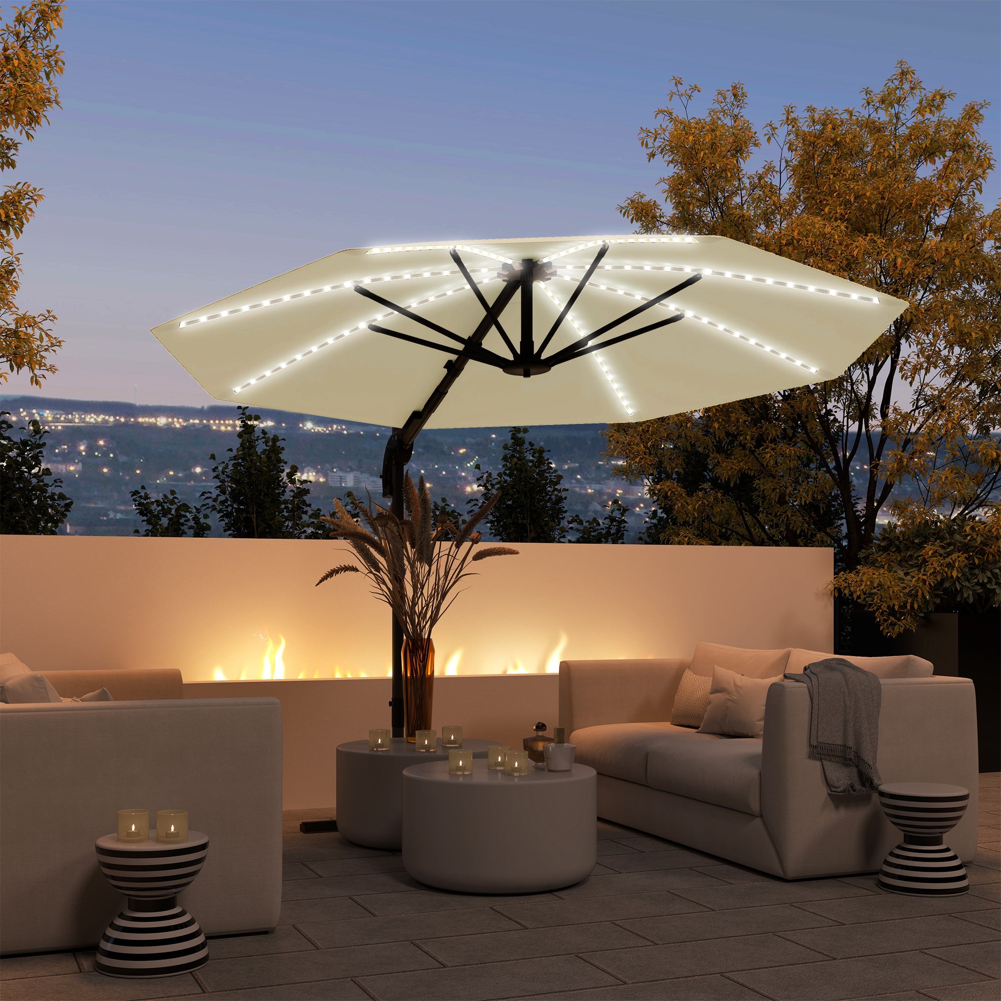 Cantilever Garden Parasol with Solar Lights, 360° Rotation, Cream