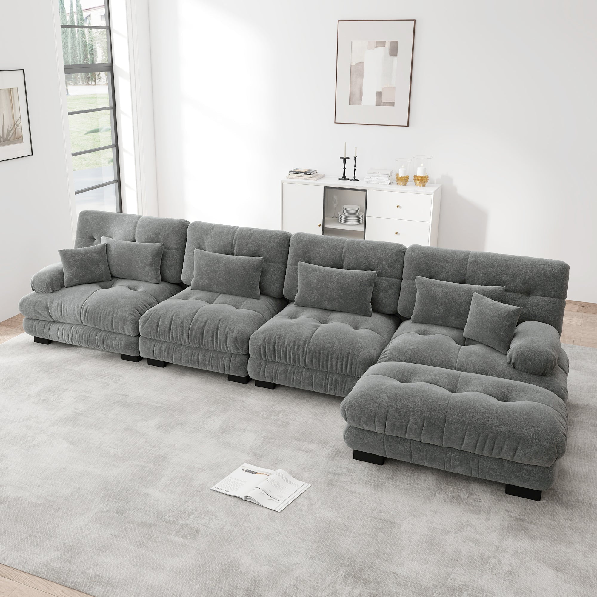 Modular Corner Sofa L-Shaped 4-Seater Couch Set Movable Ottoman DIY Chenille Grey