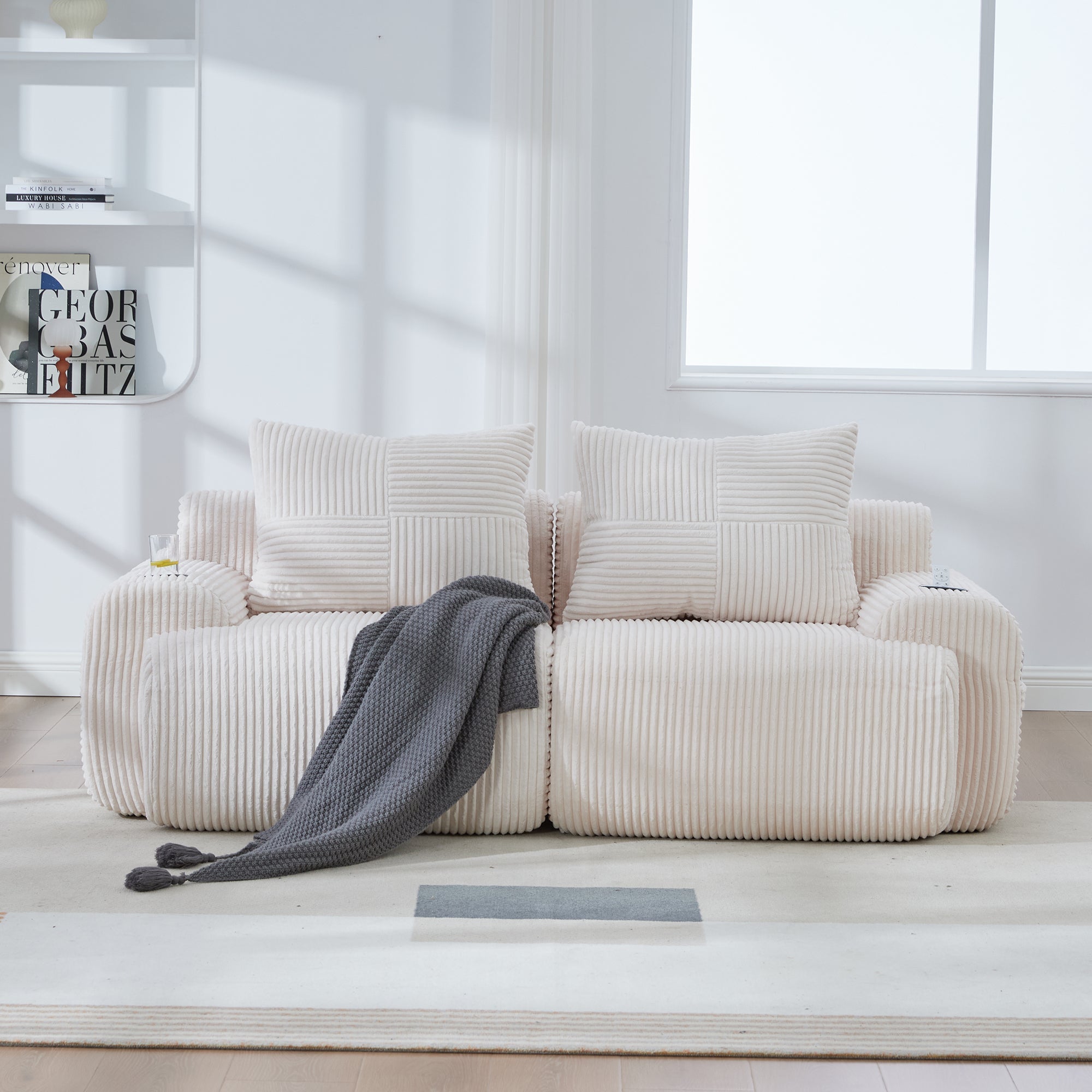 Modular 2-Seater Sofa with Cup Holder and Side Storage Pocket, Beige Corduroy