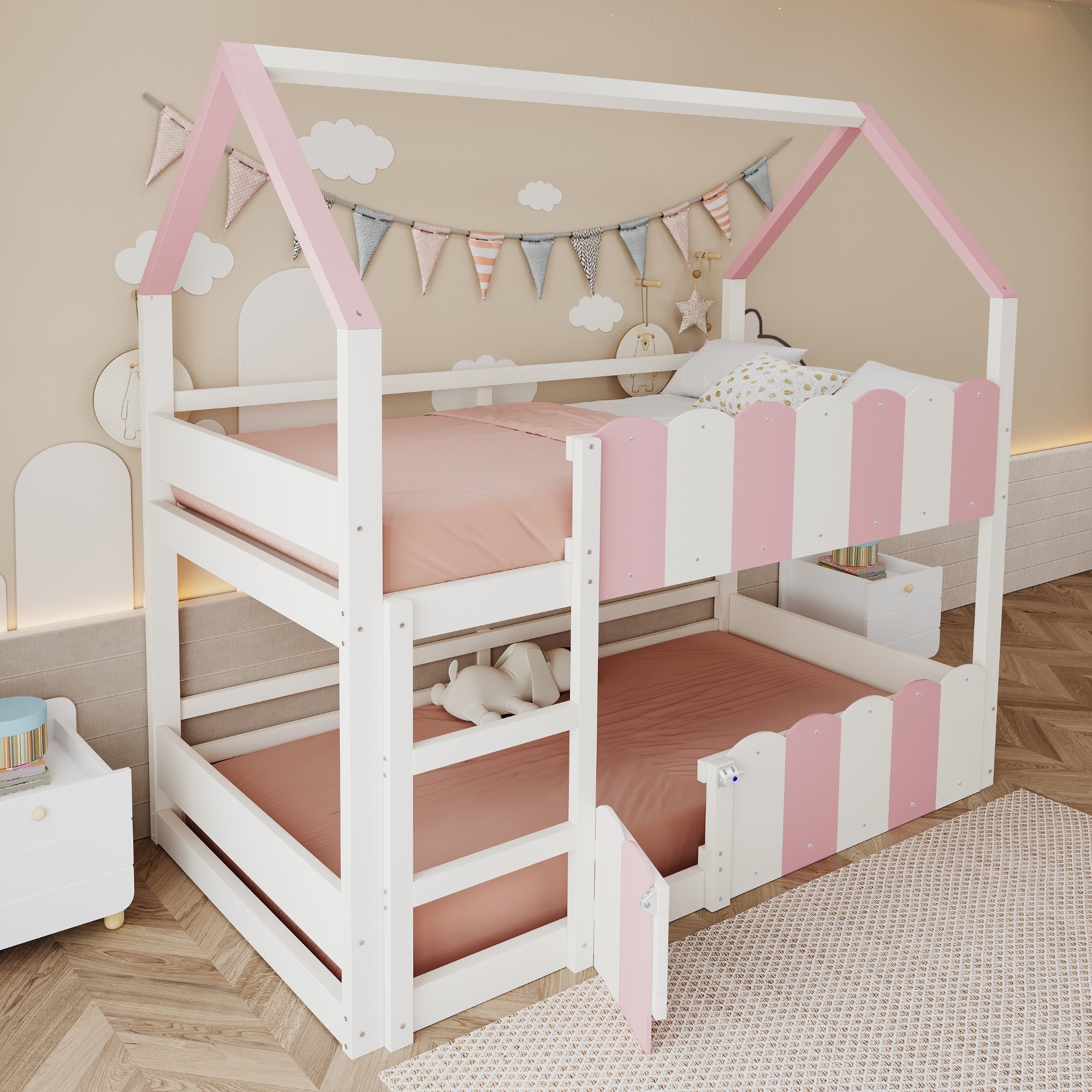 Children's Bunk Bed House-Shaped 90x200 cm Safety Rails Pink