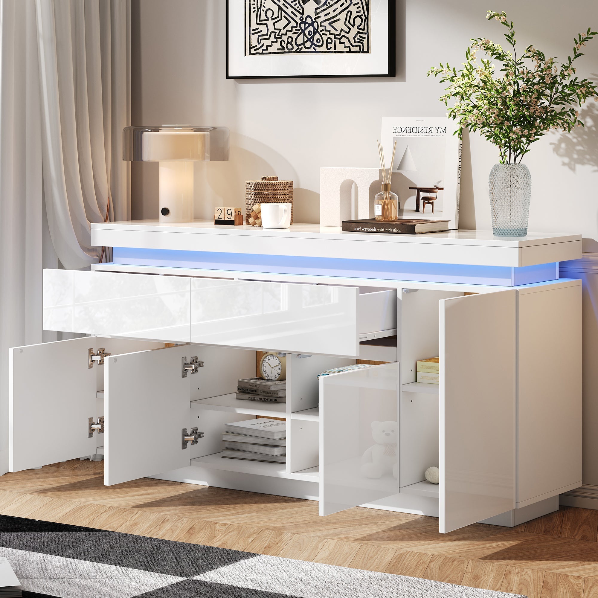 Sideboard 140x35x72.5cm High-Gloss LED 2 Drawers 4 Doors - White