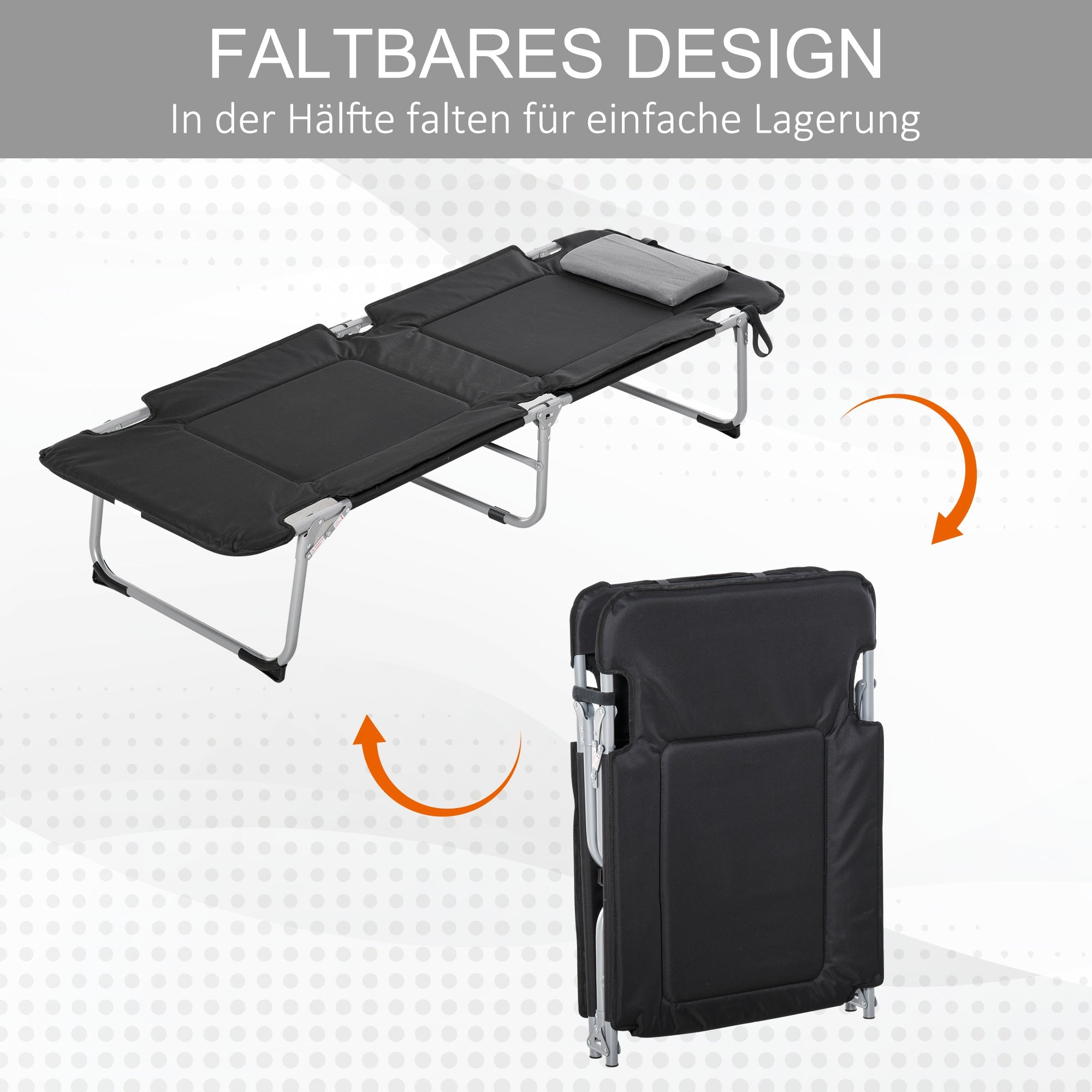 Faltbares Campingbett Leicht Tragbar mit Kissen, Schwarz Silber