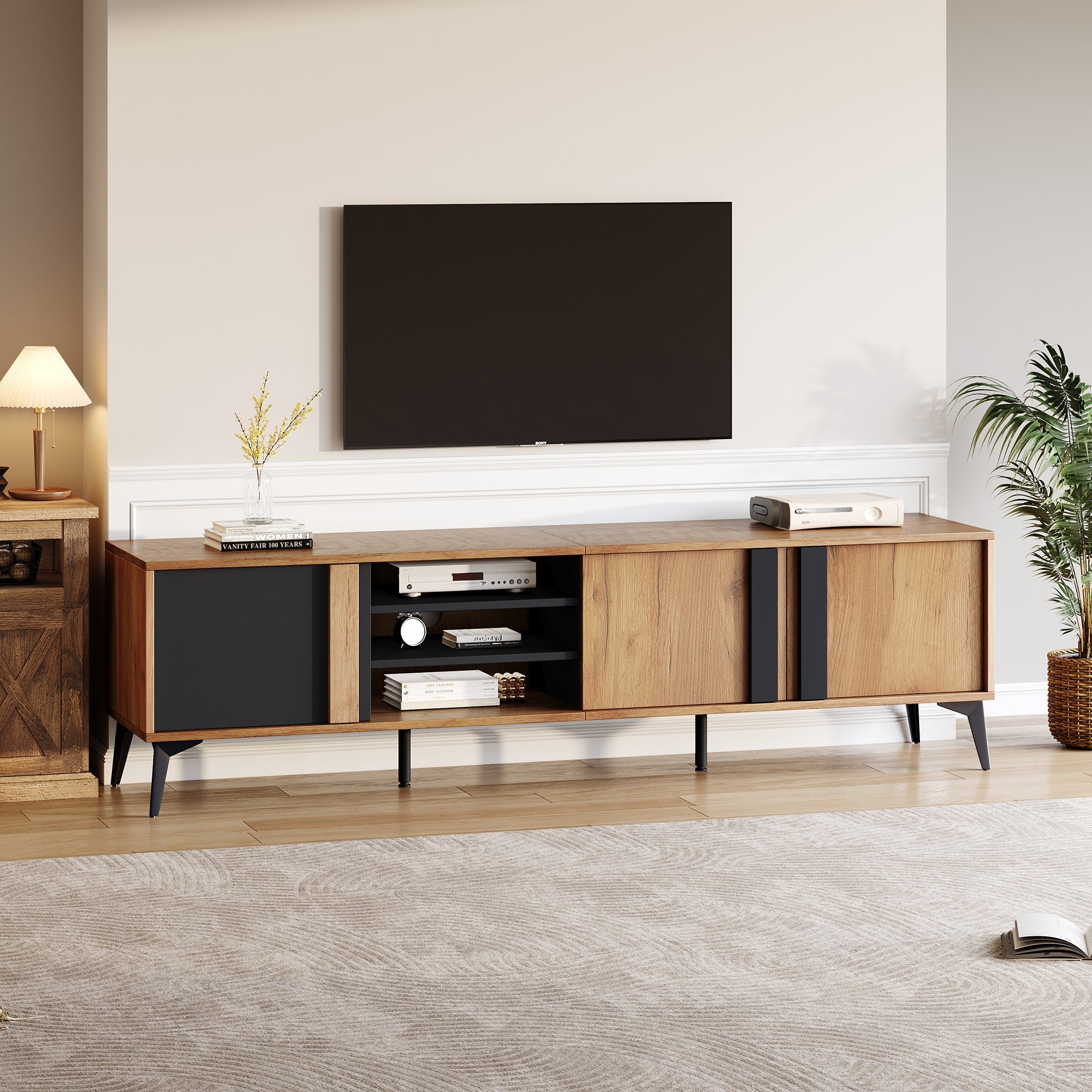 TV Cabinet, Lowboard TV Unit with Door & Open Compartment, 180cm, Rustic Brown