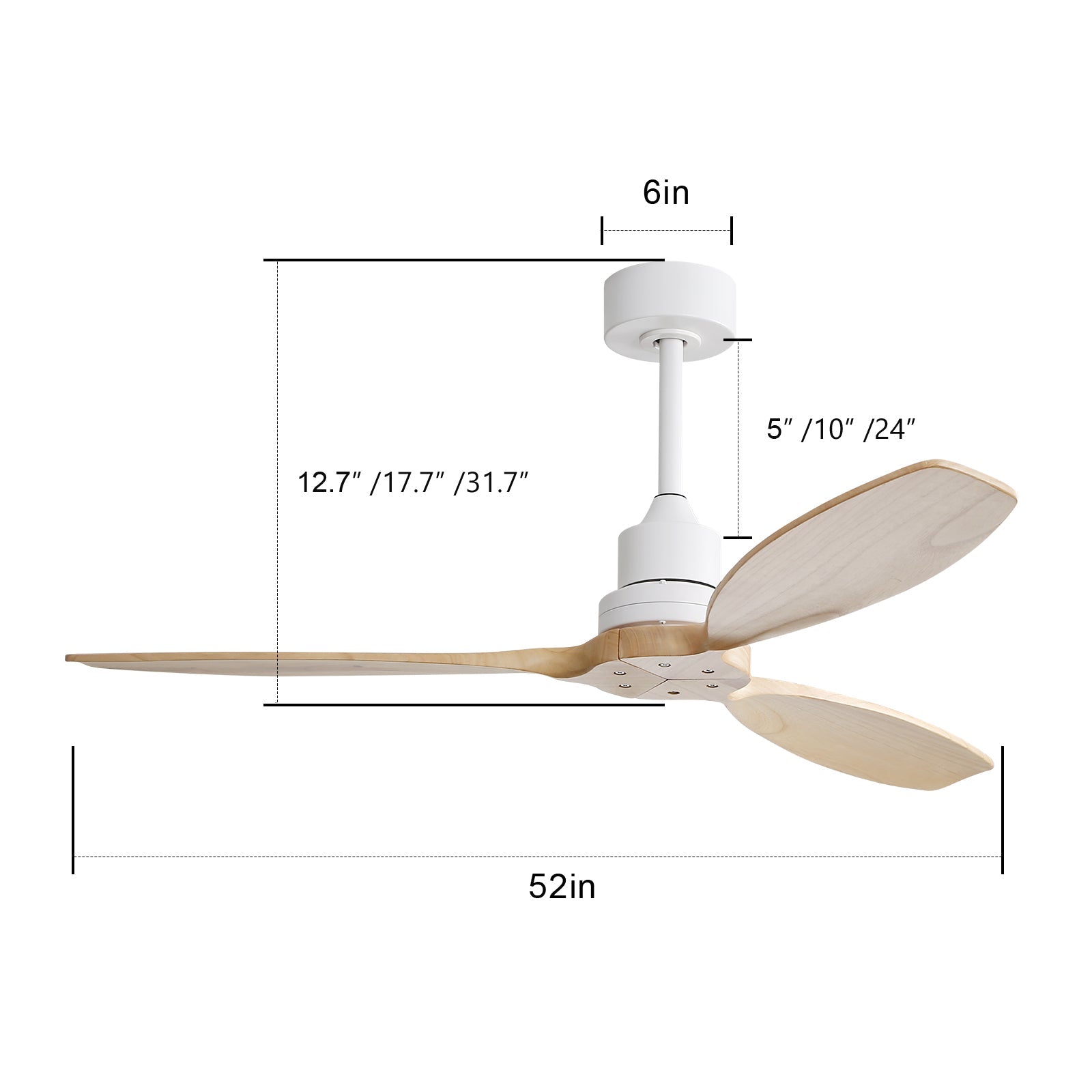 52-inch Ceiling Fan, 6 Speed Remote Control, Solid Wood Blades