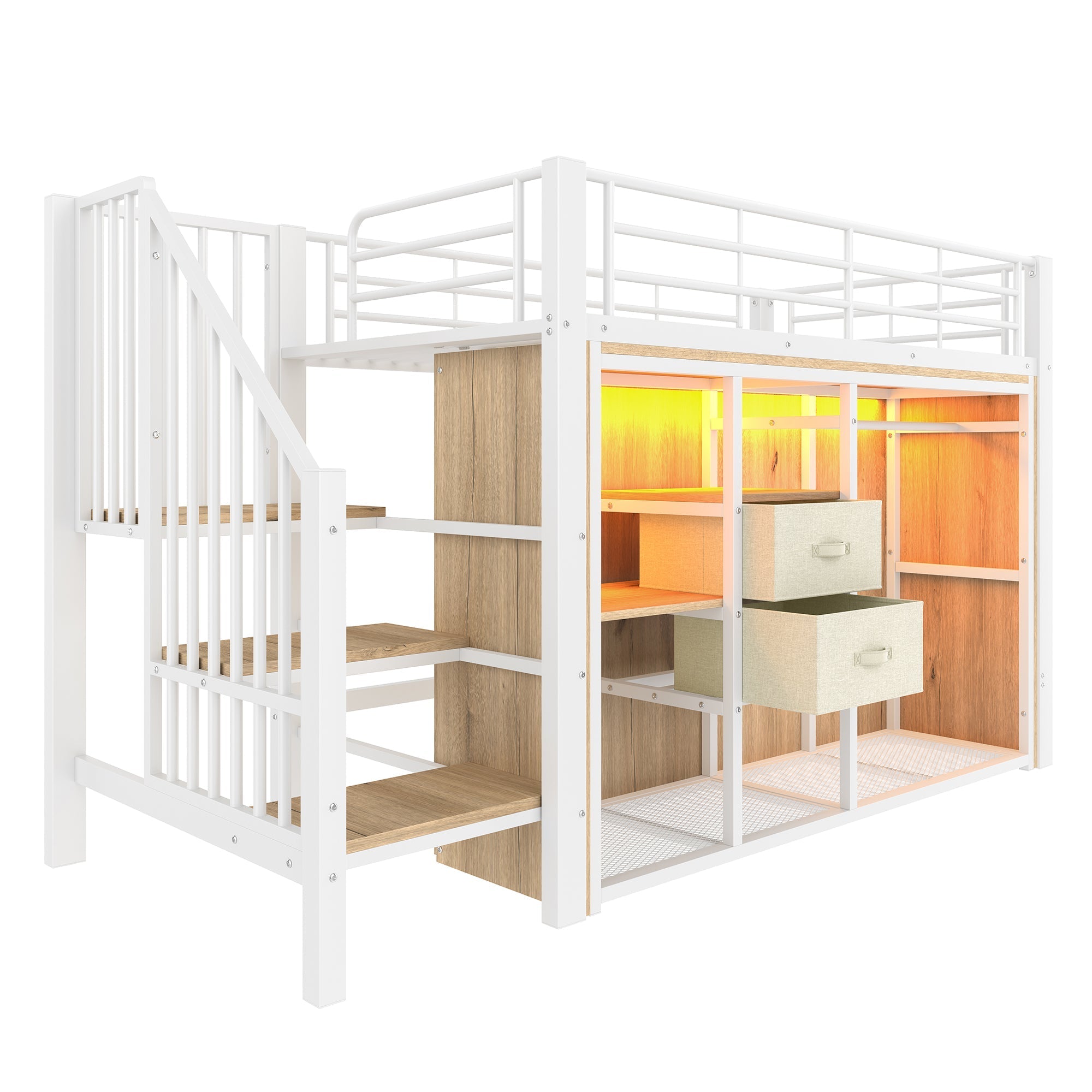 Mid-Height Bed 90x200cm 2 Drawers Open Wardrobe LED Storage - White