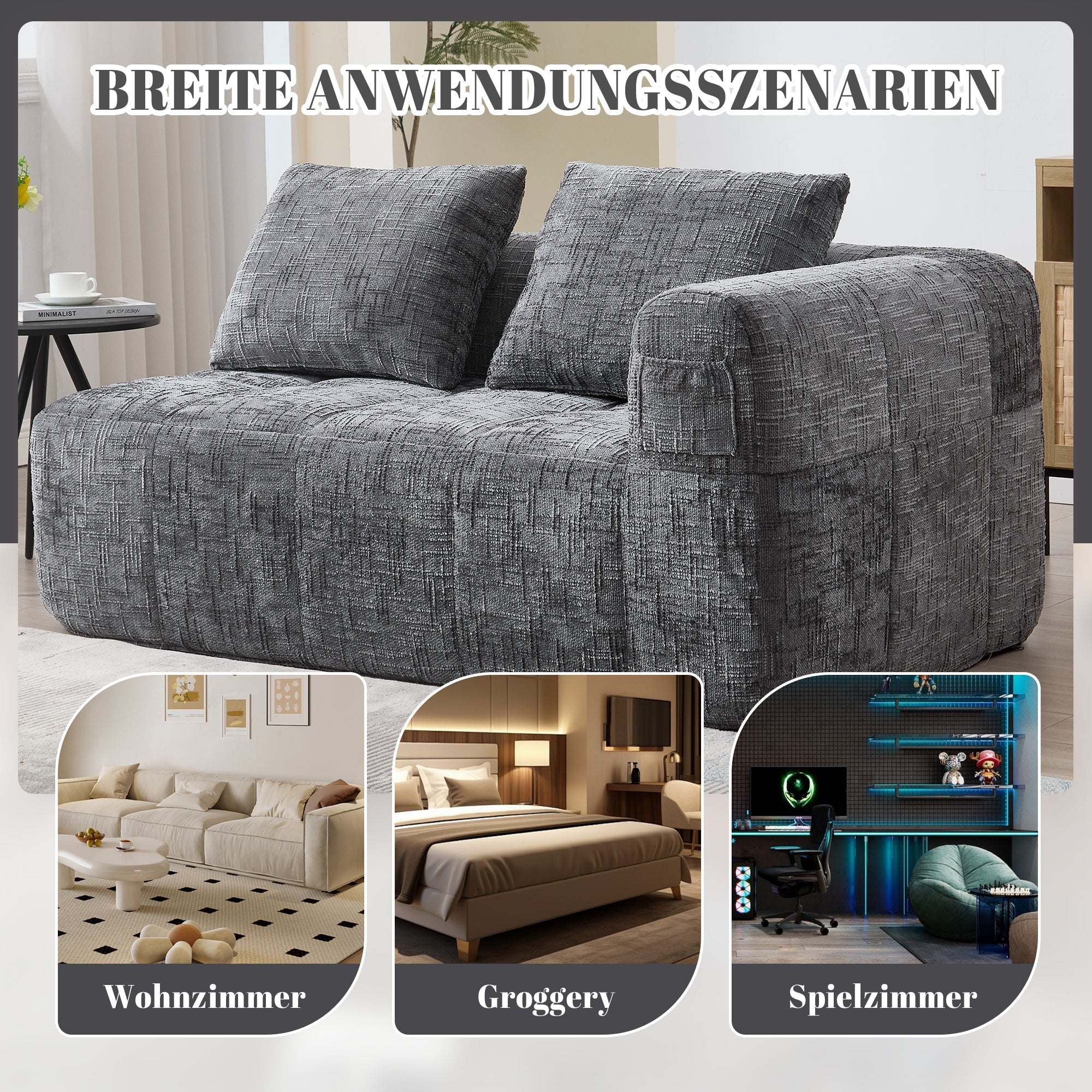 Sofa, Plush 2-Person No Assembly Side Pockets, Grey
