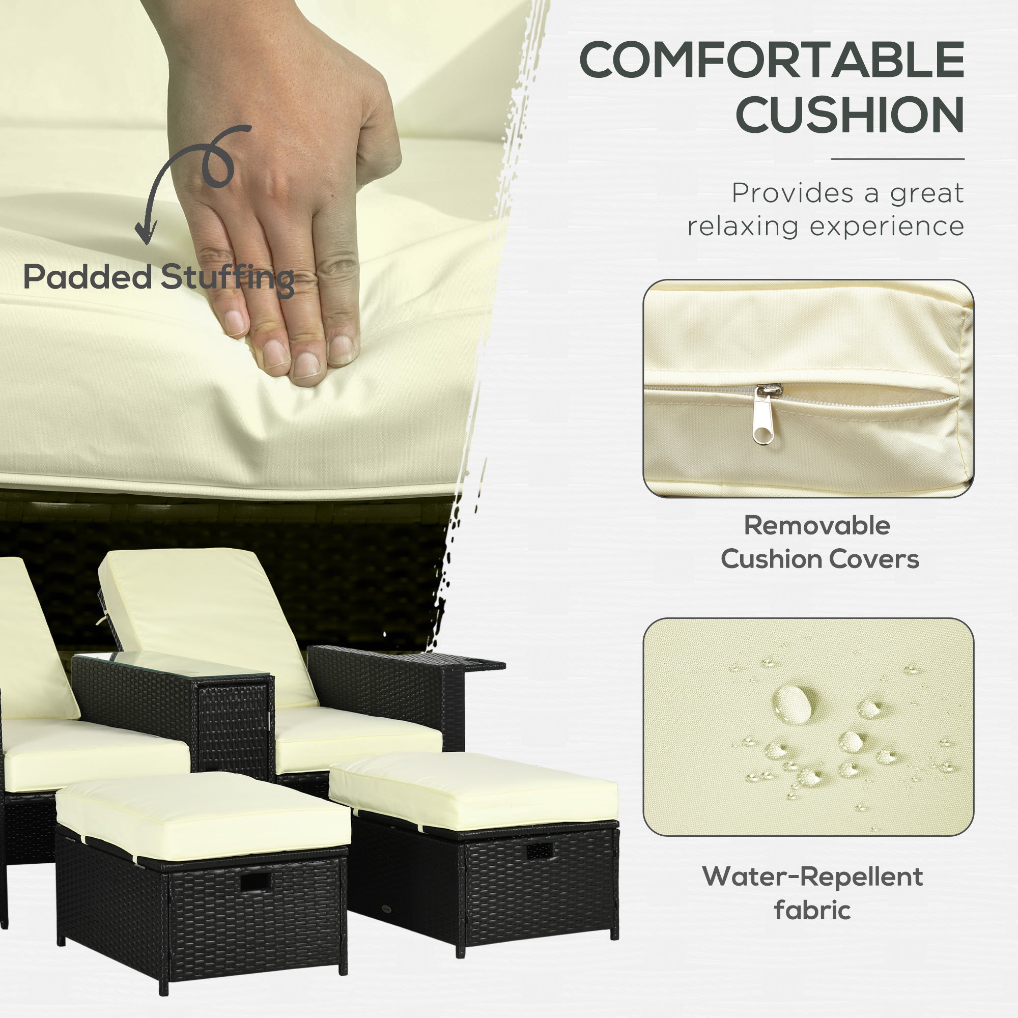 5PC Sun Lounger Set, 5-Level Adjustable Recliner with Storage and Side Table, PE Rattan Wicker Black