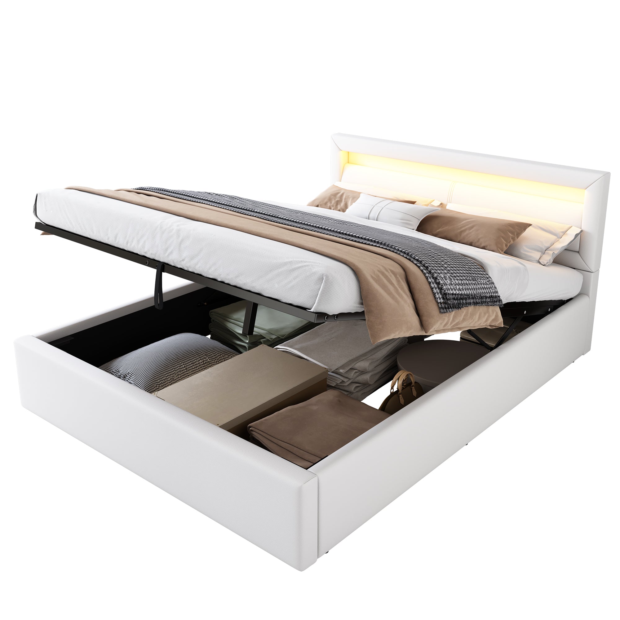 Upholstered LED Bed 140x190cm Storage & Illuminated Headboard Faux Leather White