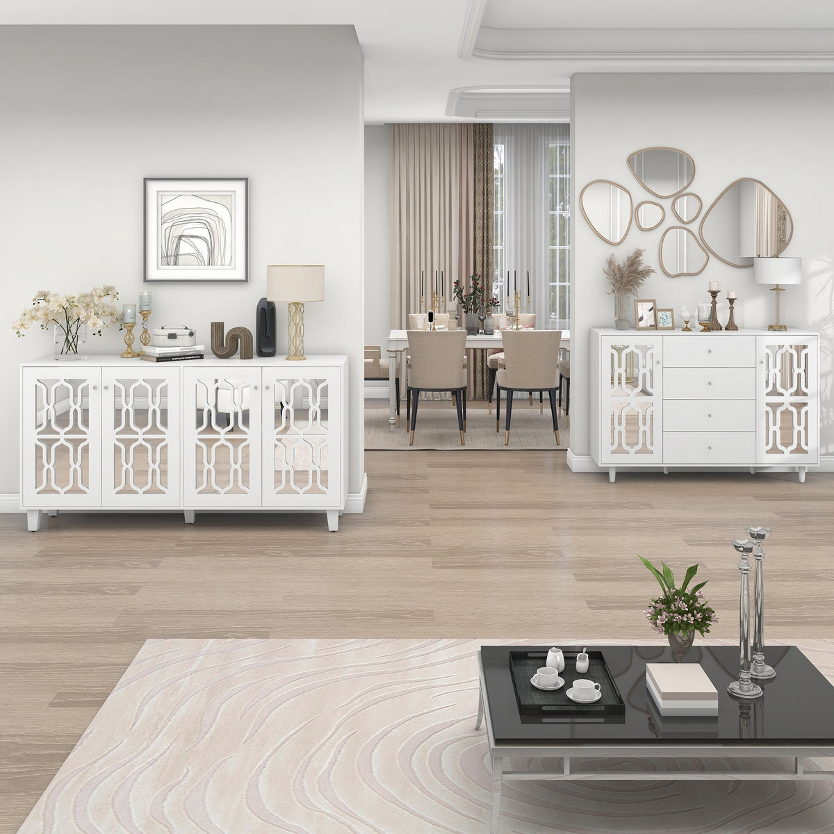 Mirrored Sideboard Crystal Handles 147.5x40x102cm, White