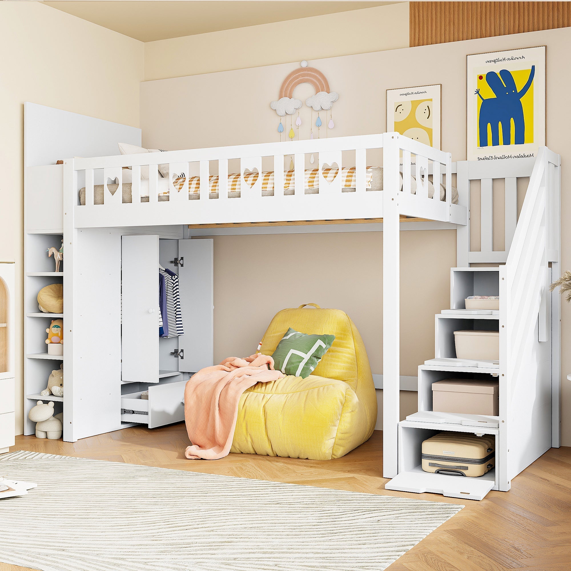 Loft Bed 90x200cm Storage Ladder Shelves Fold-Down Cabinet Love Railing - White
