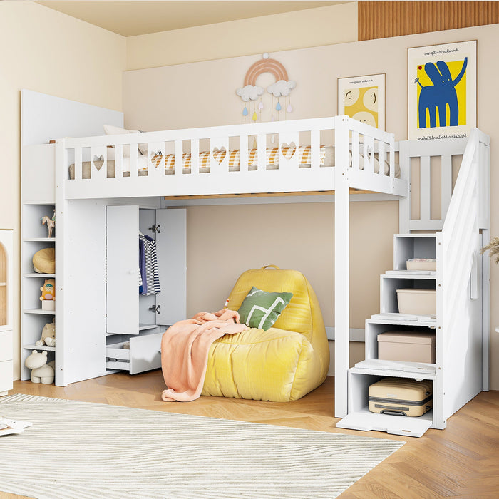 Loft Bed 90x200cm Storage Ladder Shelves Fold-Down Cabinet Love Railing - White