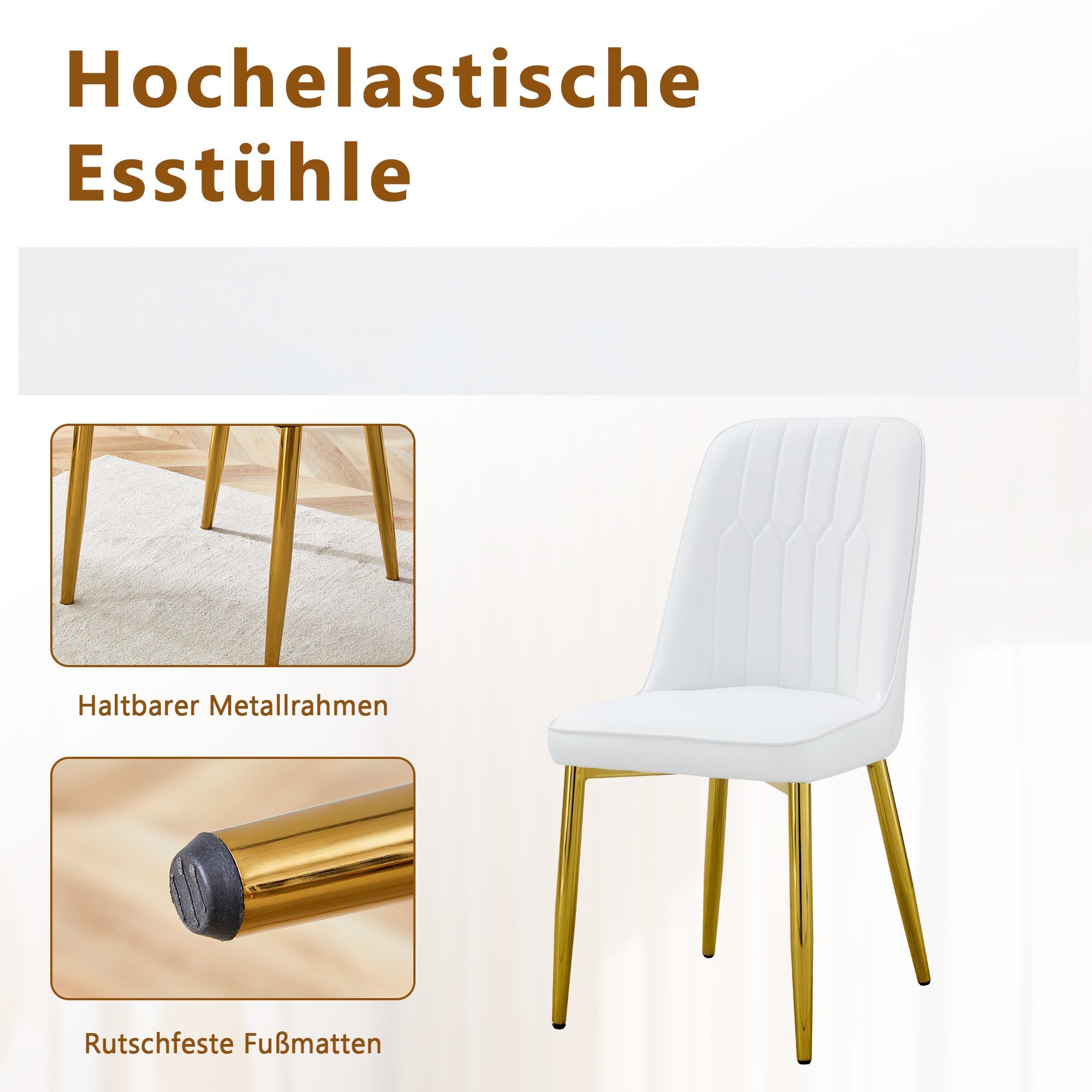 Dining Set Round Glass Table 85cm 4 PU Chairs Gold Legs - White