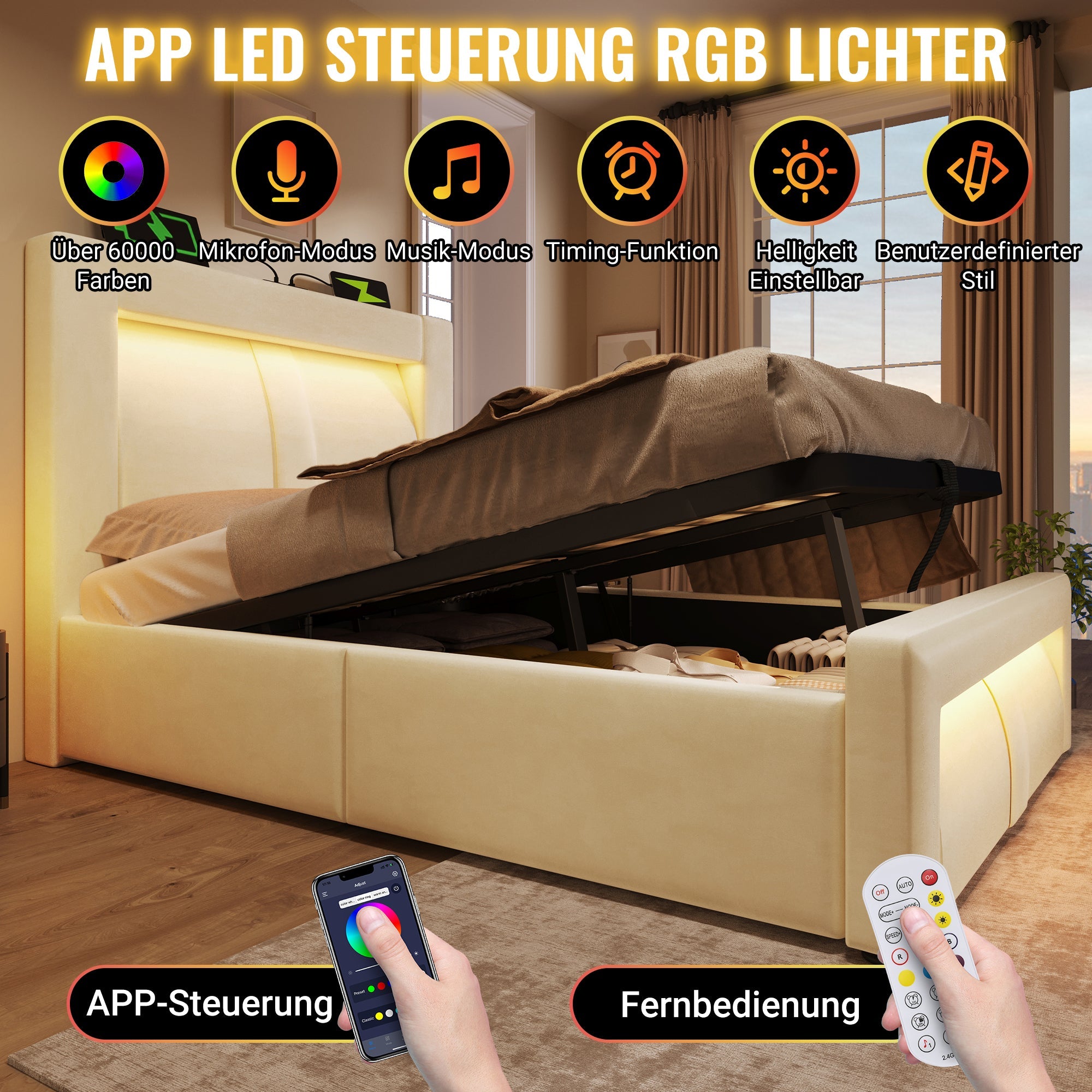 Double Bed with Hydraulic Storage, LED Lighting and Charging Ports, 140x200cm, Beige Velvet