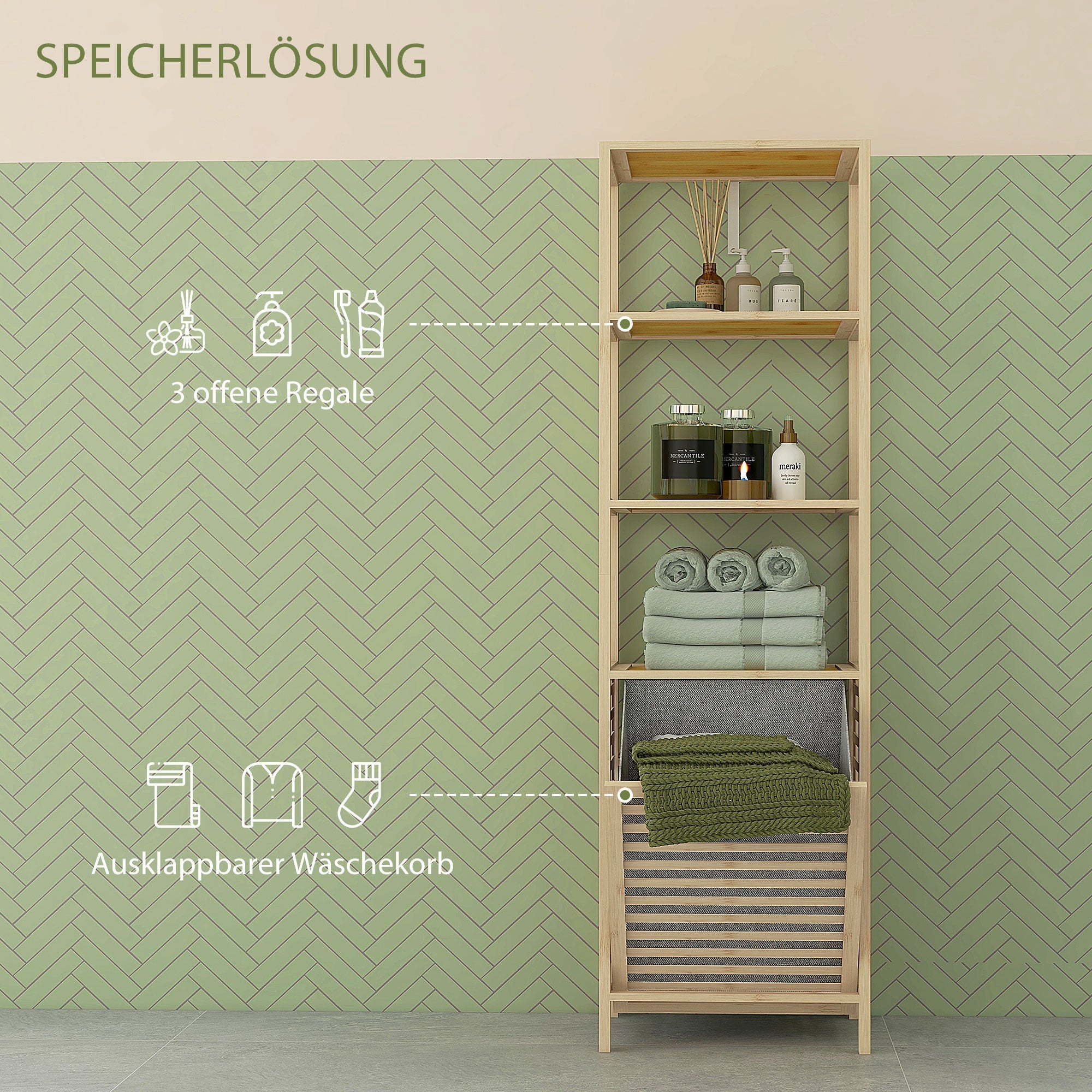 Bamboo Bathroom Shelf, 3 Open Shelves, Extendable Basket, Natural
