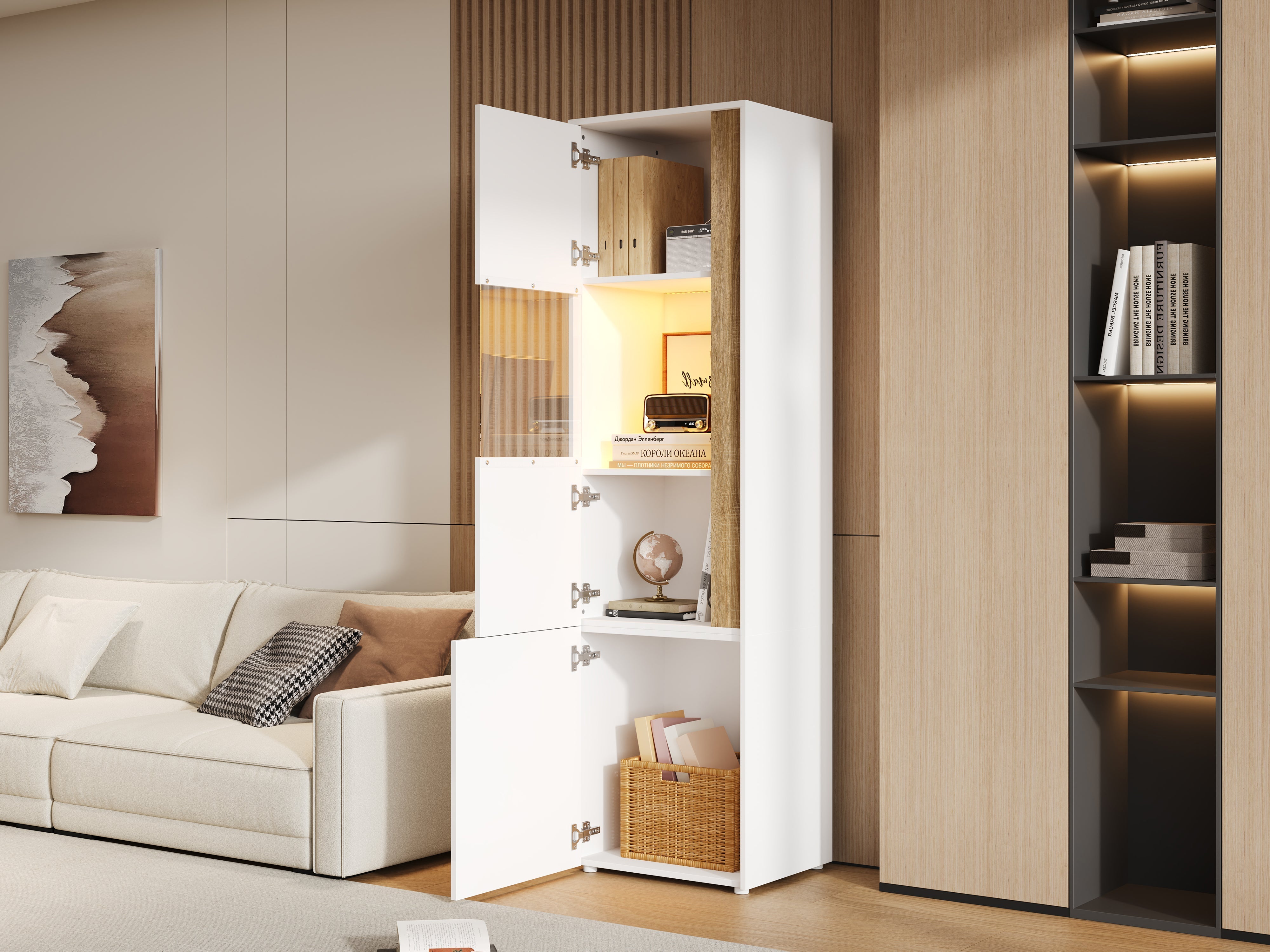 Display Cabinet Tall Storage Unit with LED Lighting 2 Doors White/Natural