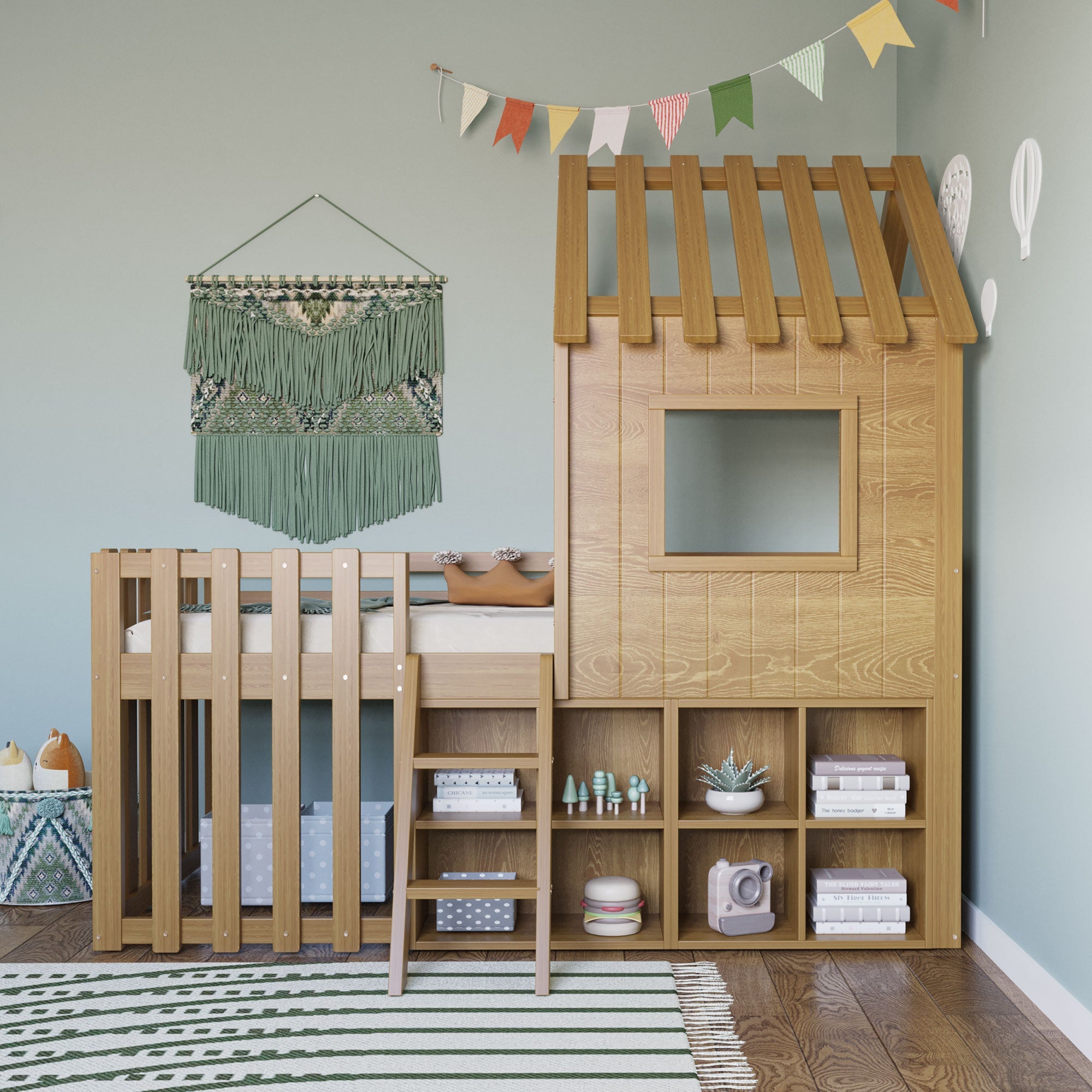 Children's House Bed 90x200 with Roof, Window, Storage & Ladder, Solid Wood