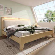 Double Wooden Bed, 160x200cm LED Headboard with Storage, Light Oak