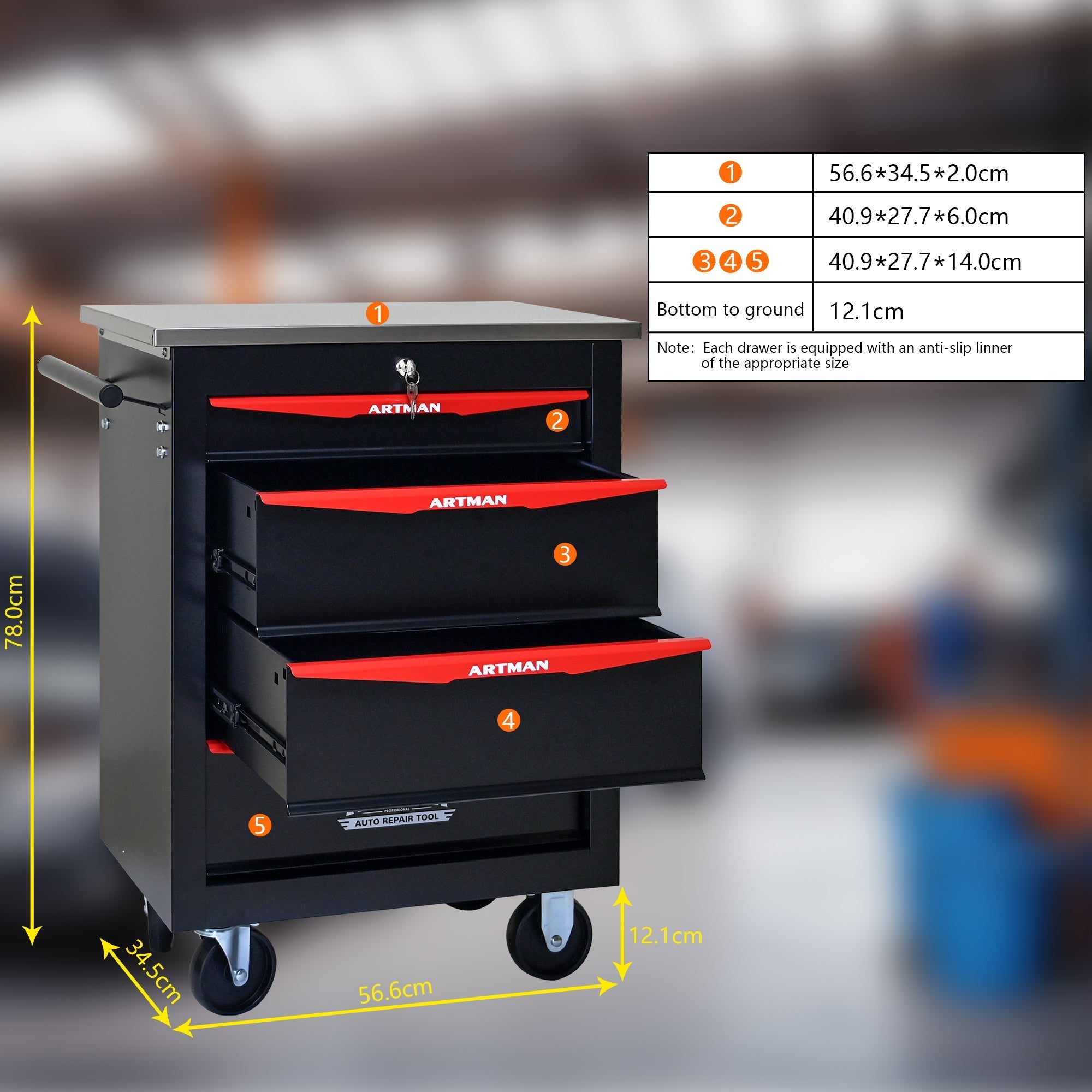 Tool Trolley 4-Drawer Metal Rolling Storage with Stainless Steel Roof Black & Red