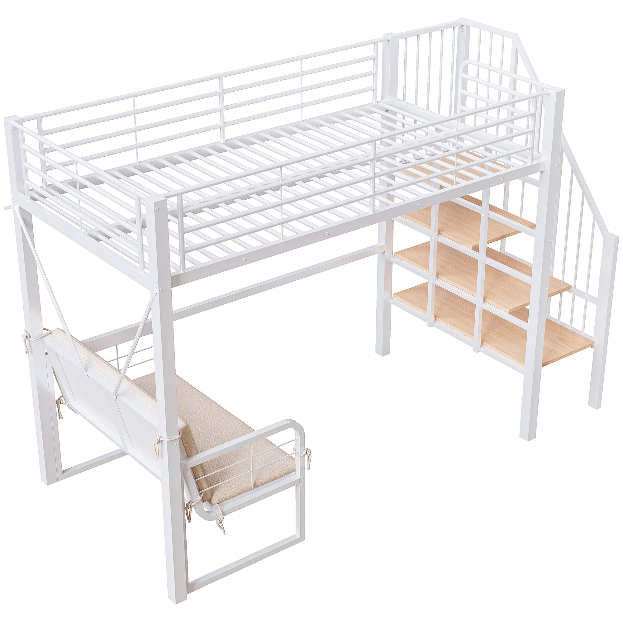 Bunk Bed with Removable Sofa, Storage and Safety Stairs, 90x200cm, White Metal