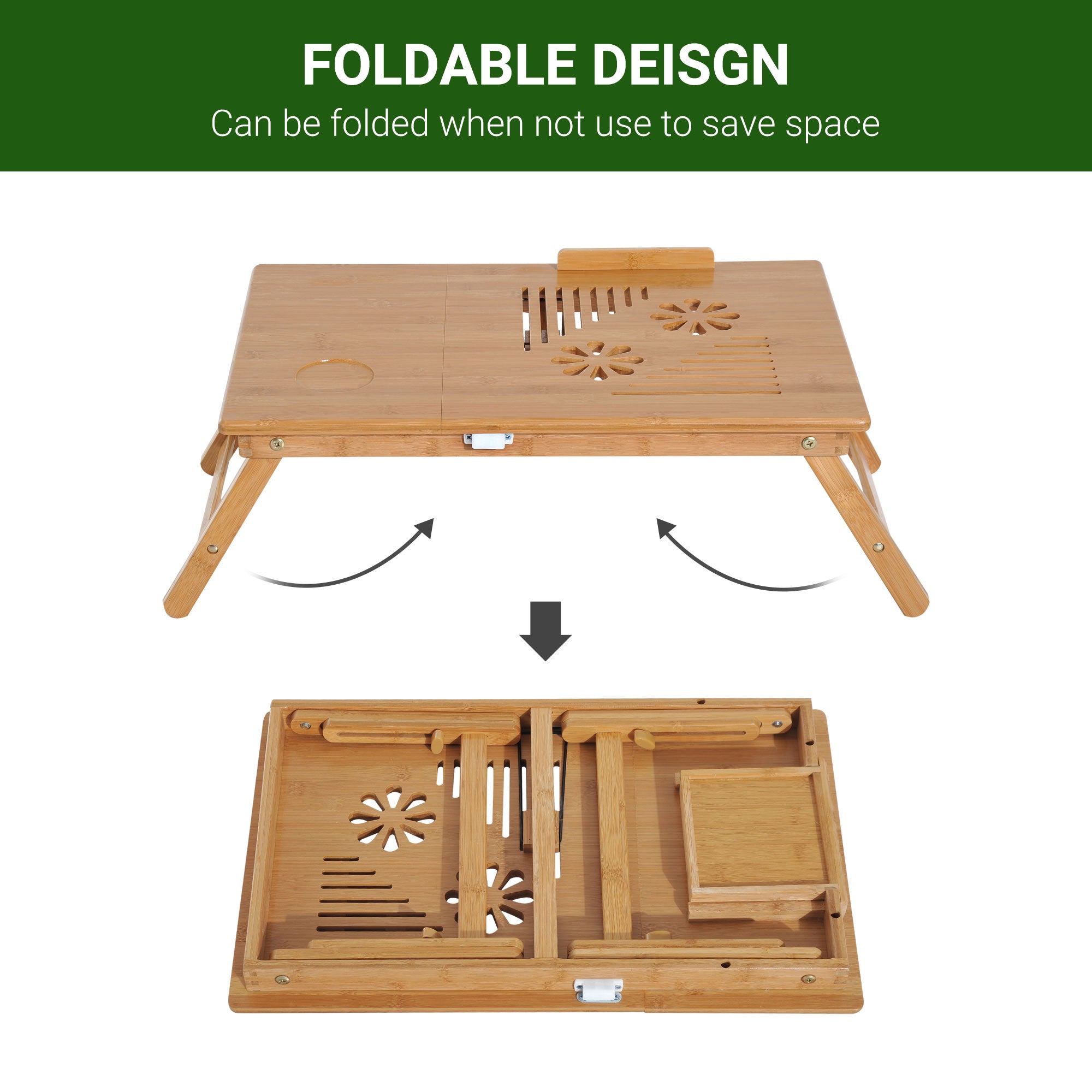 Portable Laptop Desk Bed Table, Adjustable Foldable with Drawer, Natural Wood Bamboo
