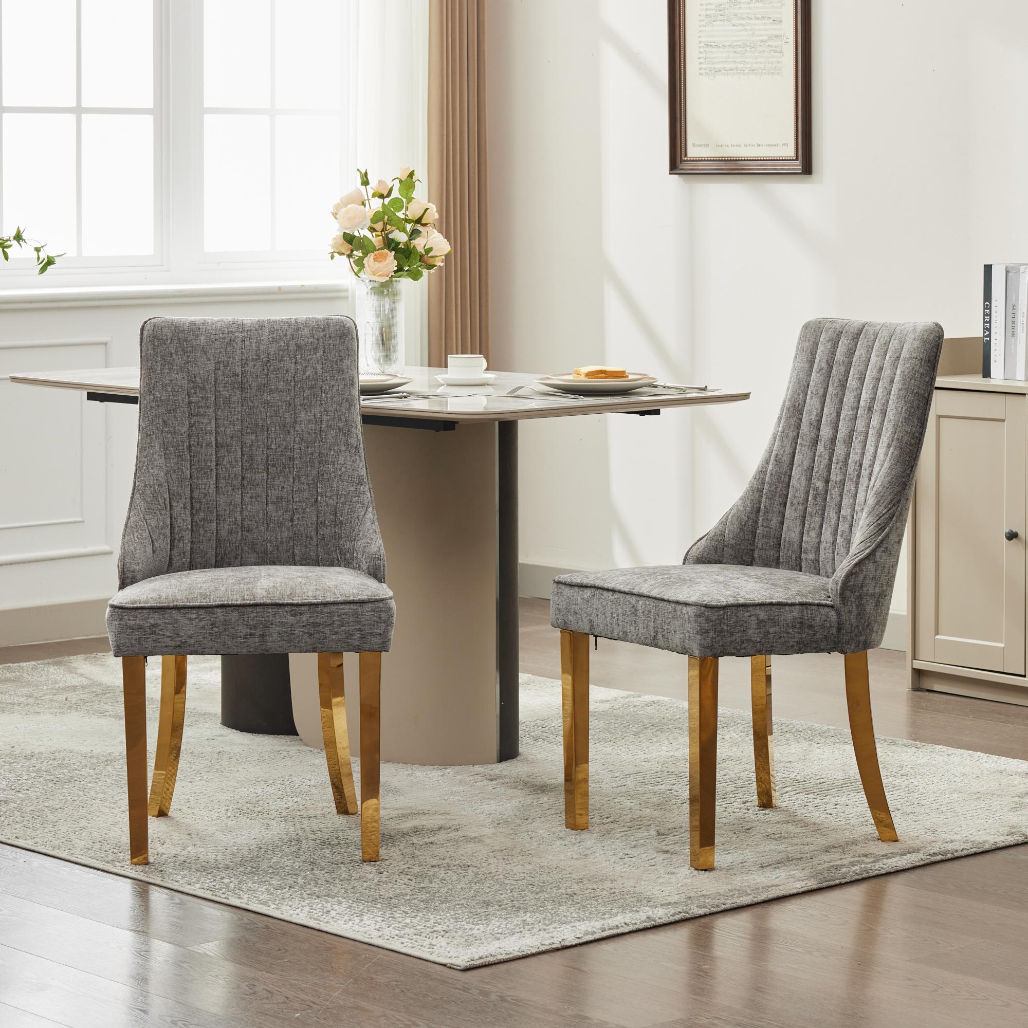 Dining Chairs Set of 2 Upholstered Chenille Channel Golden Legs - Gray