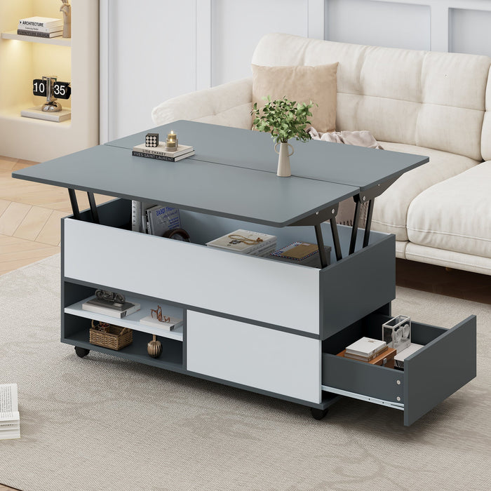 Coffee Table, 100x98x65cm Height-Adjustable Multifunctional with Hidden Storage & Wheels, Grey and White Splices