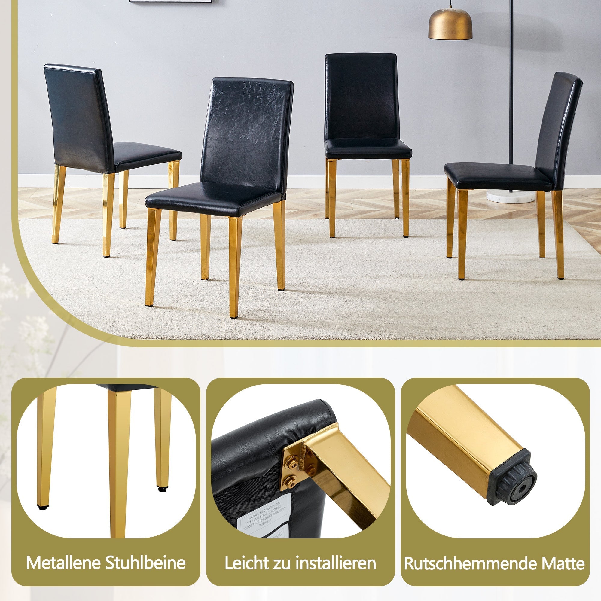 Minimalist Dining Chairs Set of 2 with Gold Metal Legs, Black PU Leather