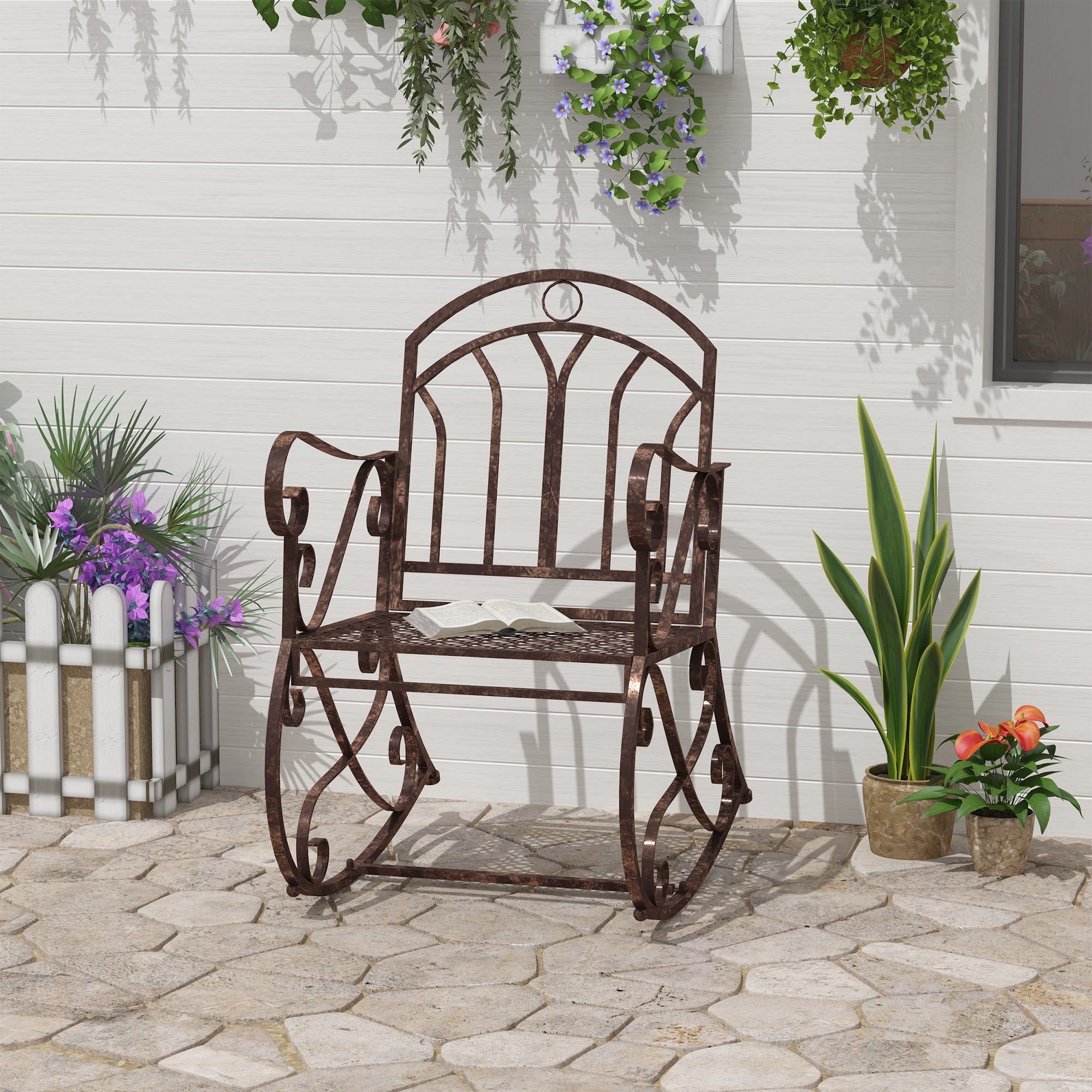 Vintage Rocking Chair 150 kg Capacity Elegant Curves High Comfort, Bronze-Red Metal