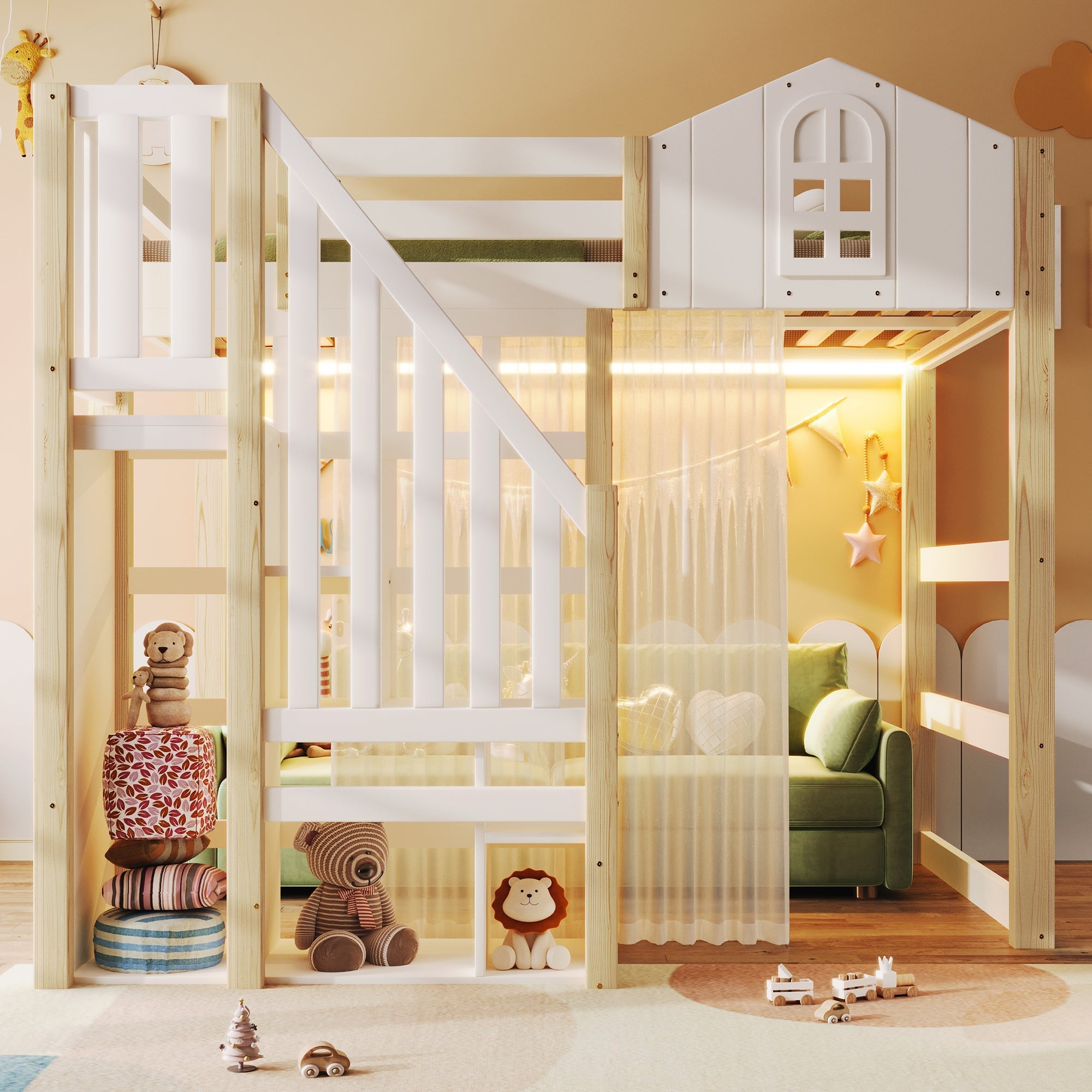 Loft Bed with LED Lights, Window Design and Storage Ladder, White and Natural